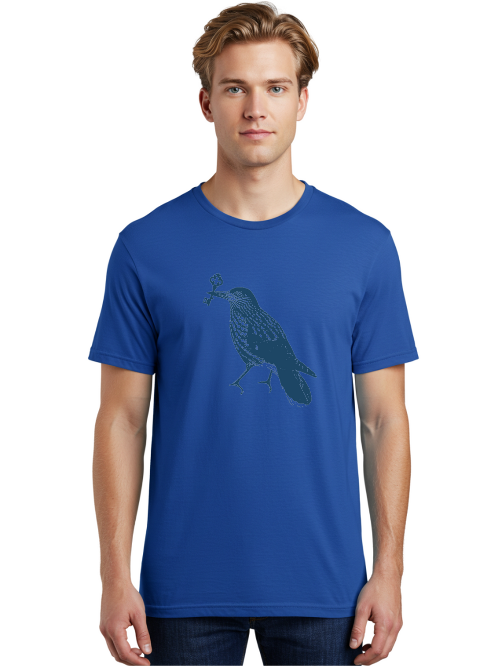 Bird-With-Key Men'S Graphic Tee, 100% Cotton, Comfortable Casual Summer Wear, Machine Washable, Bird Holding Key, Symbolic Illustration, Mysterious Artwork, Dark Blue Silhouette, Unique Key Design, Ornate Key Details, Aae143