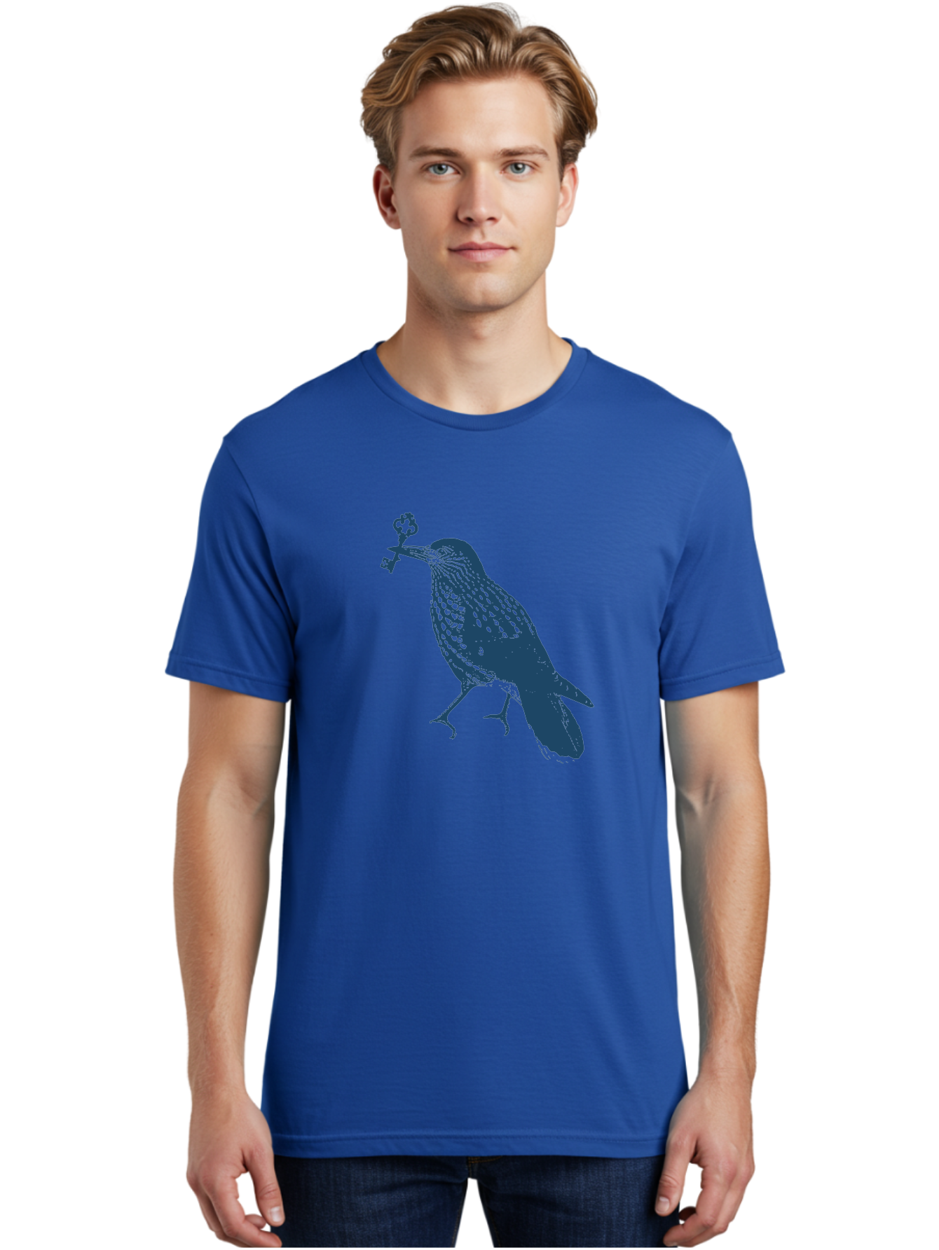 Bird-With-Key Men'S Graphic Tee, 100% Cotton, Comfortable Casual Summer Wear, Machine Washable, Bird Holding Key, Symbolic Illustration, Mysterious Artwork, Dark Blue Silhouette, Unique Key Design, Ornate Key Details, Aae143