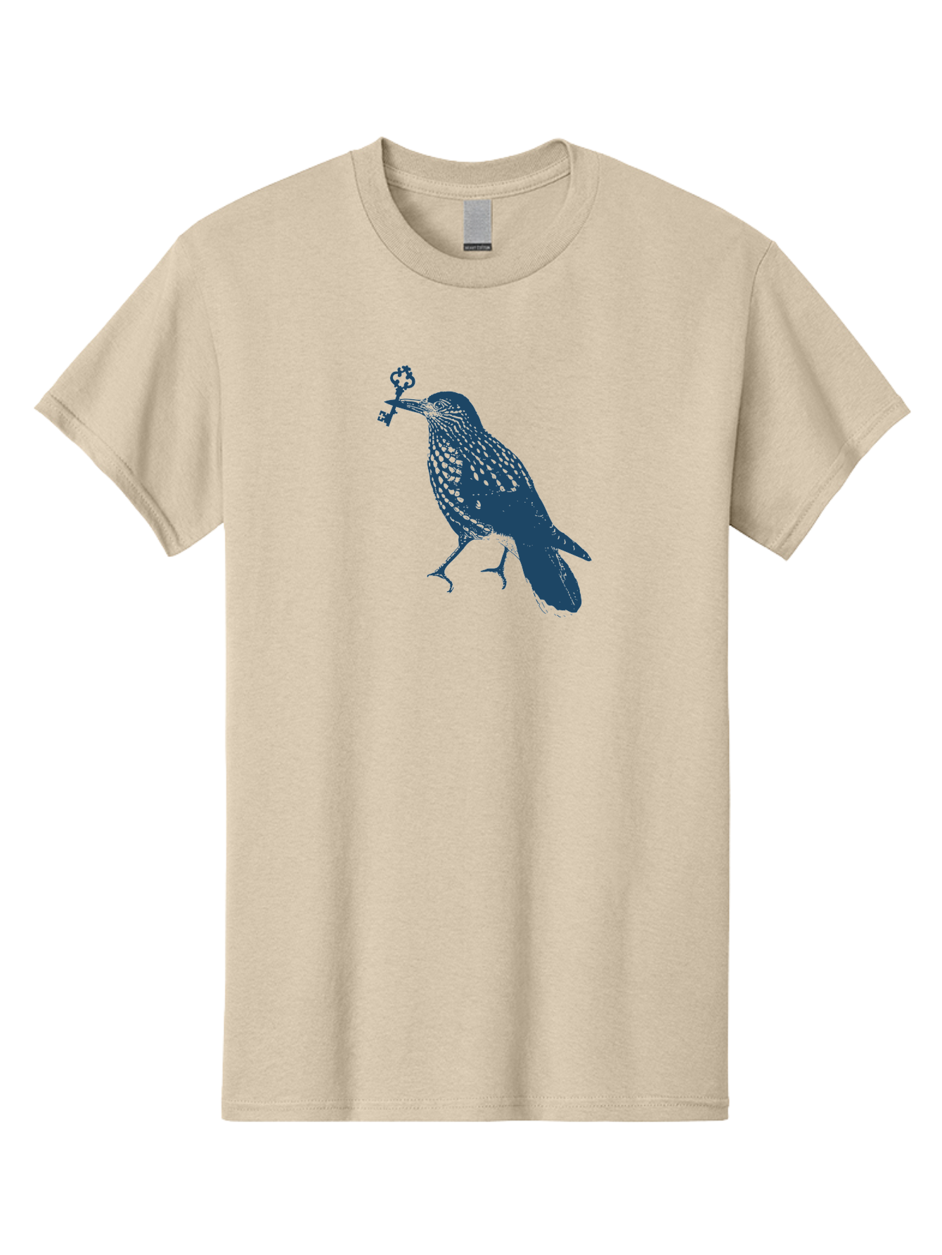Bird-With-Key Men'S Graphic Tee, 100% Cotton, Comfortable Casual Summer Wear, Machine Washable, Bird Holding Key, Symbolic Illustration, Mysterious Artwork, Dark Blue Silhouette, Unique Key Design, Ornate Key Details, Aae143