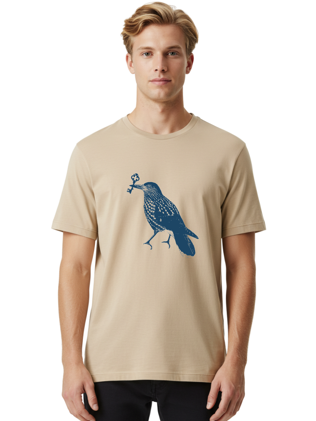 Bird-With-Key Men'S Graphic Tee, 100% Cotton, Comfortable Casual Summer Wear, Machine Washable, Bird Holding Key, Symbolic Illustration, Mysterious Artwork, Dark Blue Silhouette, Unique Key Design, Ornate Key Details, Aae143
