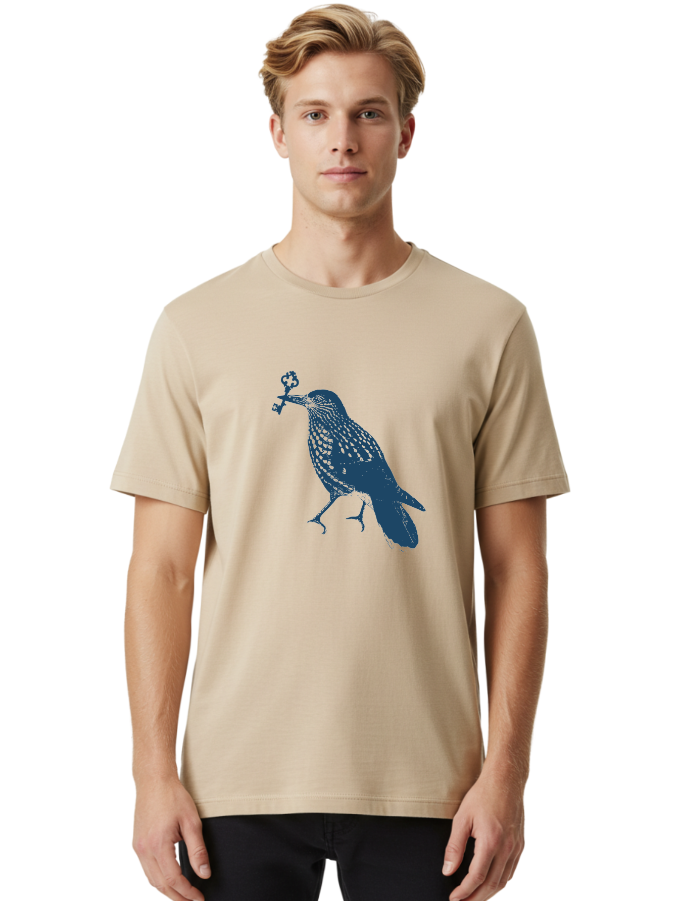 Bird-With-Key Men'S Graphic Tee, 100% Cotton, Comfortable Casual Summer Wear, Machine Washable, Bird Holding Key, Symbolic Illustration, Mysterious Artwork, Dark Blue Silhouette, Unique Key Design, Ornate Key Details, Aae143