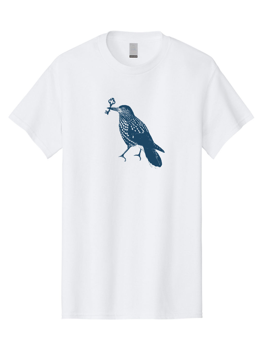 Bird-With-Key Men'S Graphic Tee, 100% Cotton, Comfortable Casual Summer Wear, Machine Washable, Bird Holding Key, Symbolic Illustration, Mysterious Artwork, Dark Blue Silhouette, Unique Key Design, Ornate Key Details, Aae143