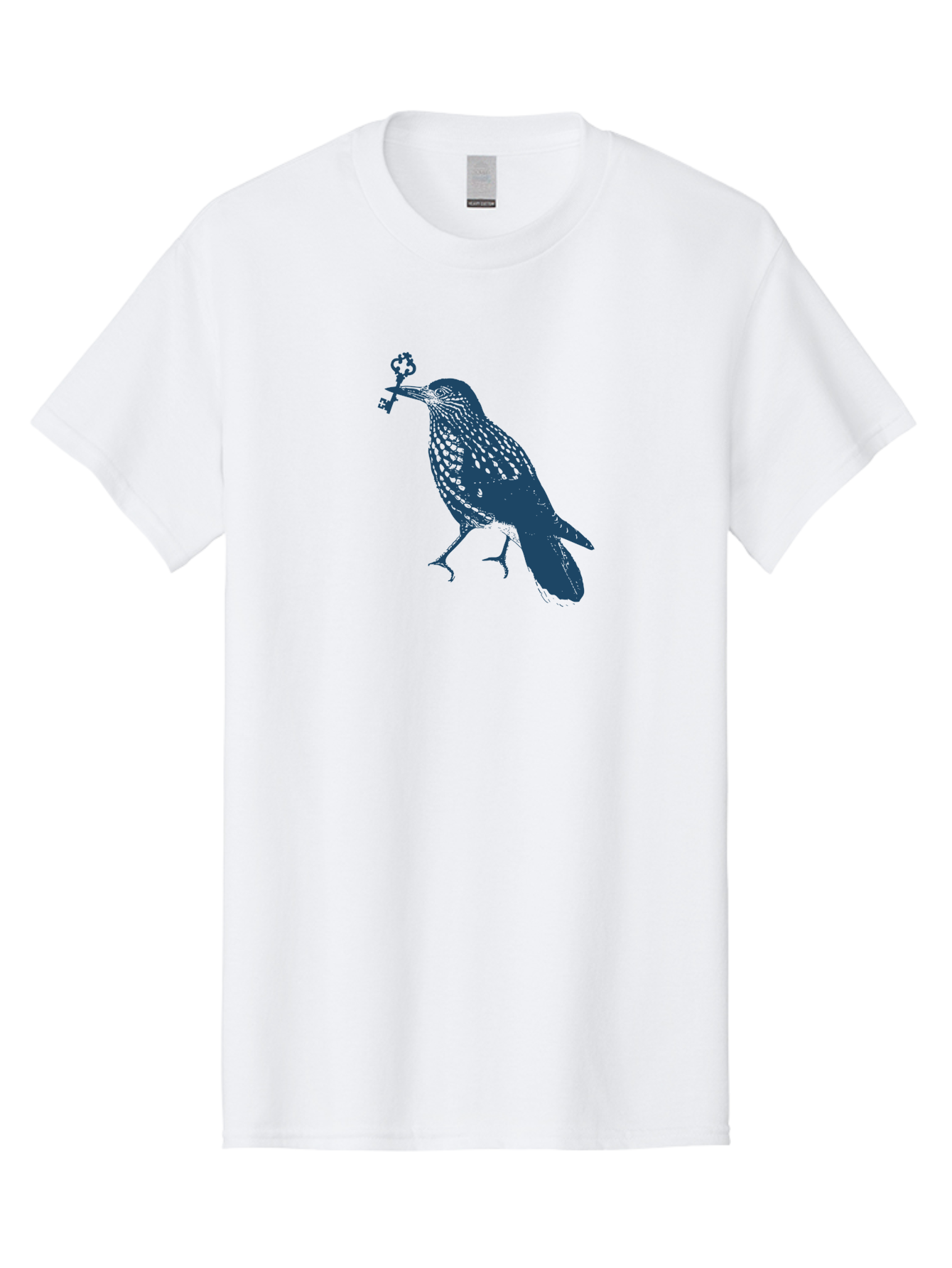 Bird-With-Key Men'S Graphic Tee, 100% Cotton, Comfortable Casual Summer Wear, Machine Washable, Bird Holding Key, Symbolic Illustration, Mysterious Artwork, Dark Blue Silhouette, Unique Key Design, Ornate Key Details, Aae143