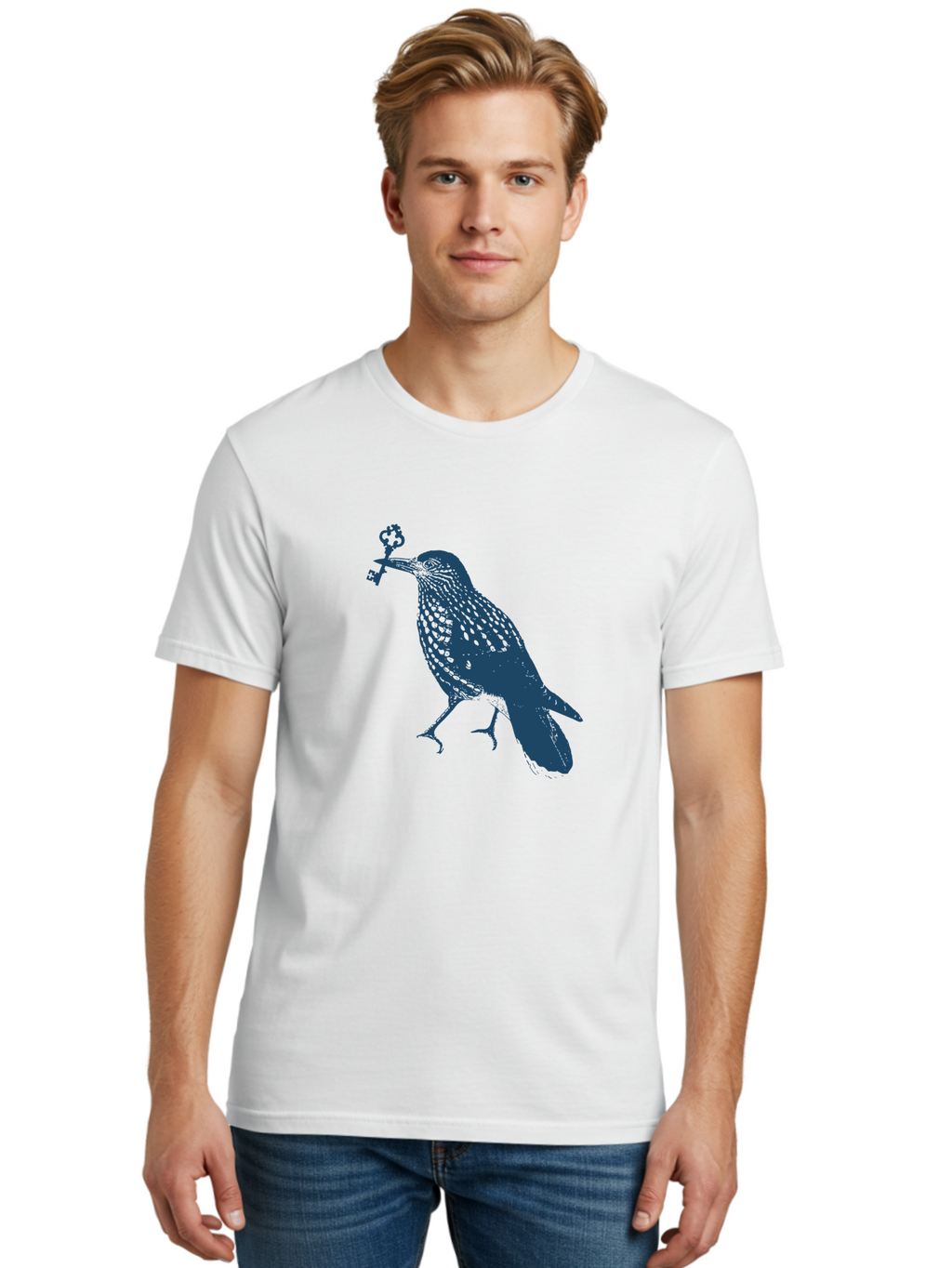 Bird-With-Key Men'S Graphic Tee, 100% Cotton, Comfortable Casual Summer Wear, Machine Washable, Bird Holding Key, Symbolic Illustration, Mysterious Artwork, Dark Blue Silhouette, Unique Key Design, Ornate Key Details, Aae143