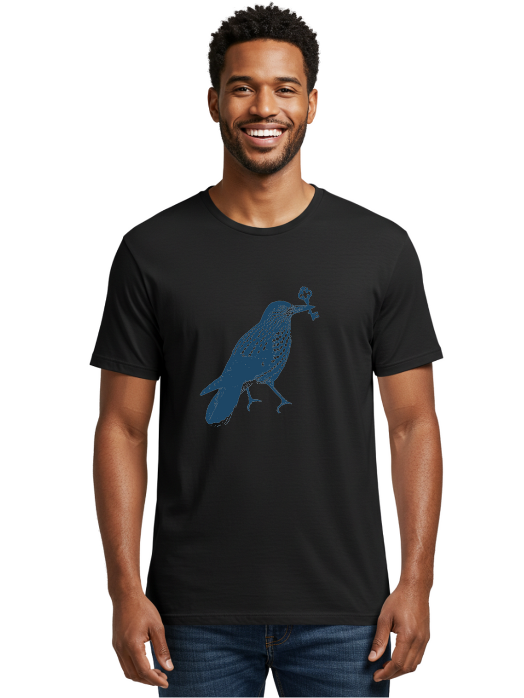 Bird-With-Key 2 Men'S Graphic Tee, 100% Cotton, Comfortable Casual Summer Wear, Machine Washable, Bluebird Holding Key, Bird Silhouette, Symbolic Bird, Mysterious Key, Spotted Bird, Avian Art, Esoteric Symbol, Ornate Key Aae144