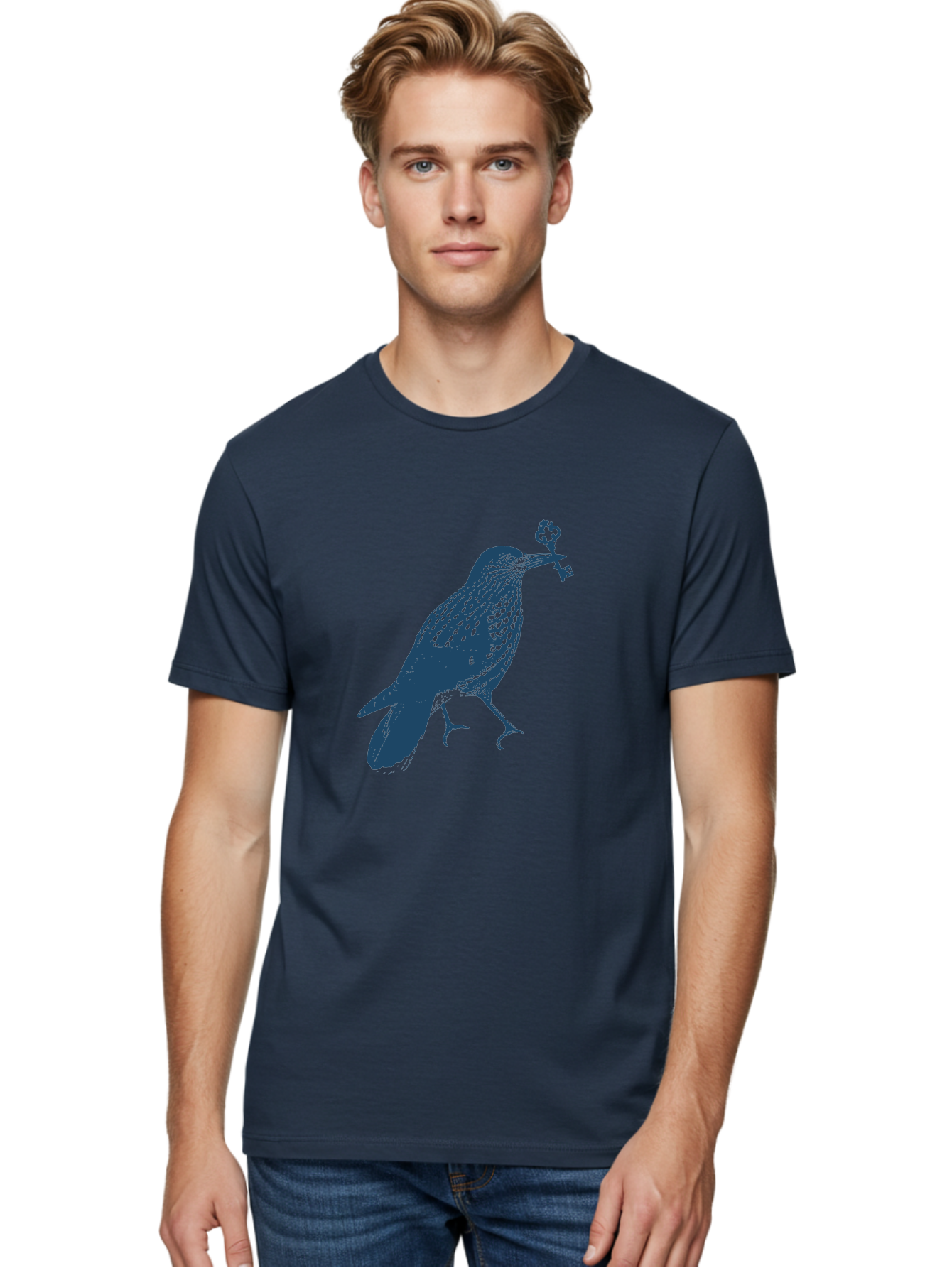 Bird-With-Key 2 Men'S Graphic Tee, 100% Cotton, Comfortable Casual Summer Wear, Machine Washable, Bluebird Holding Key, Bird Silhouette, Symbolic Bird, Mysterious Key, Spotted Bird, Avian Art, Esoteric Symbol, Ornate Key Aae144