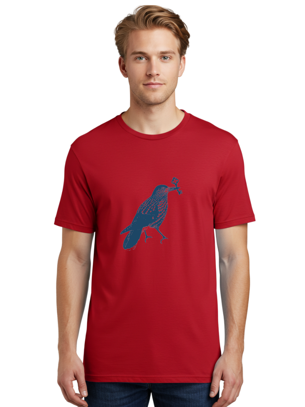 Bird-With-Key 2 Men'S Graphic Tee, 100% Cotton, Comfortable Casual Summer Wear, Machine Washable, Bluebird Holding Key, Bird Silhouette, Symbolic Bird, Mysterious Key, Spotted Bird, Avian Art, Esoteric Symbol, Ornate Key Aae144