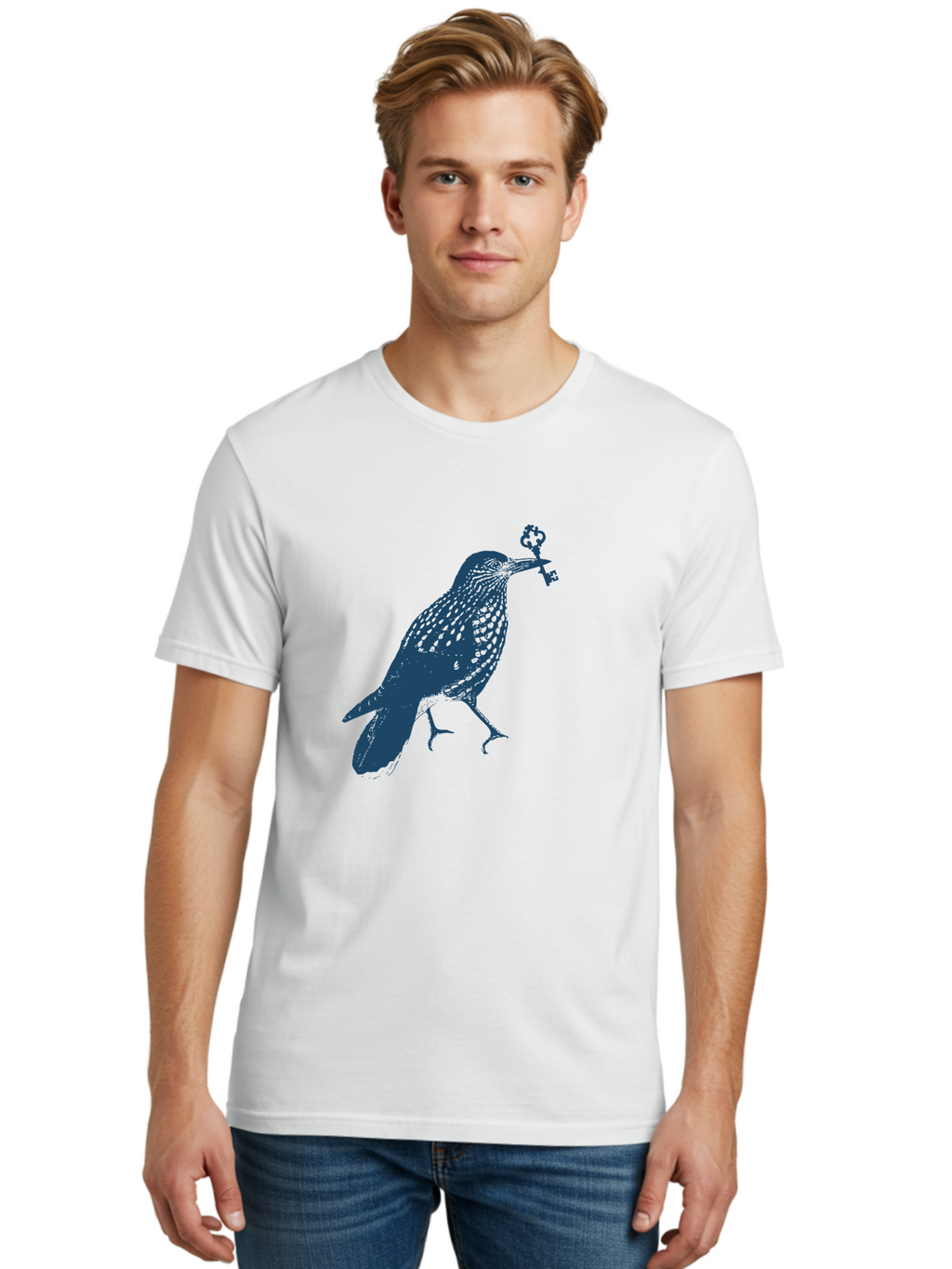 Bird-With-Key 2 Men'S Graphic Tee, 100% Cotton, Comfortable Casual Summer Wear, Machine Washable, Bluebird Holding Key, Bird Silhouette, Symbolic Bird, Mysterious Key, Spotted Bird, Avian Art, Esoteric Symbol, Ornate Key Aae144