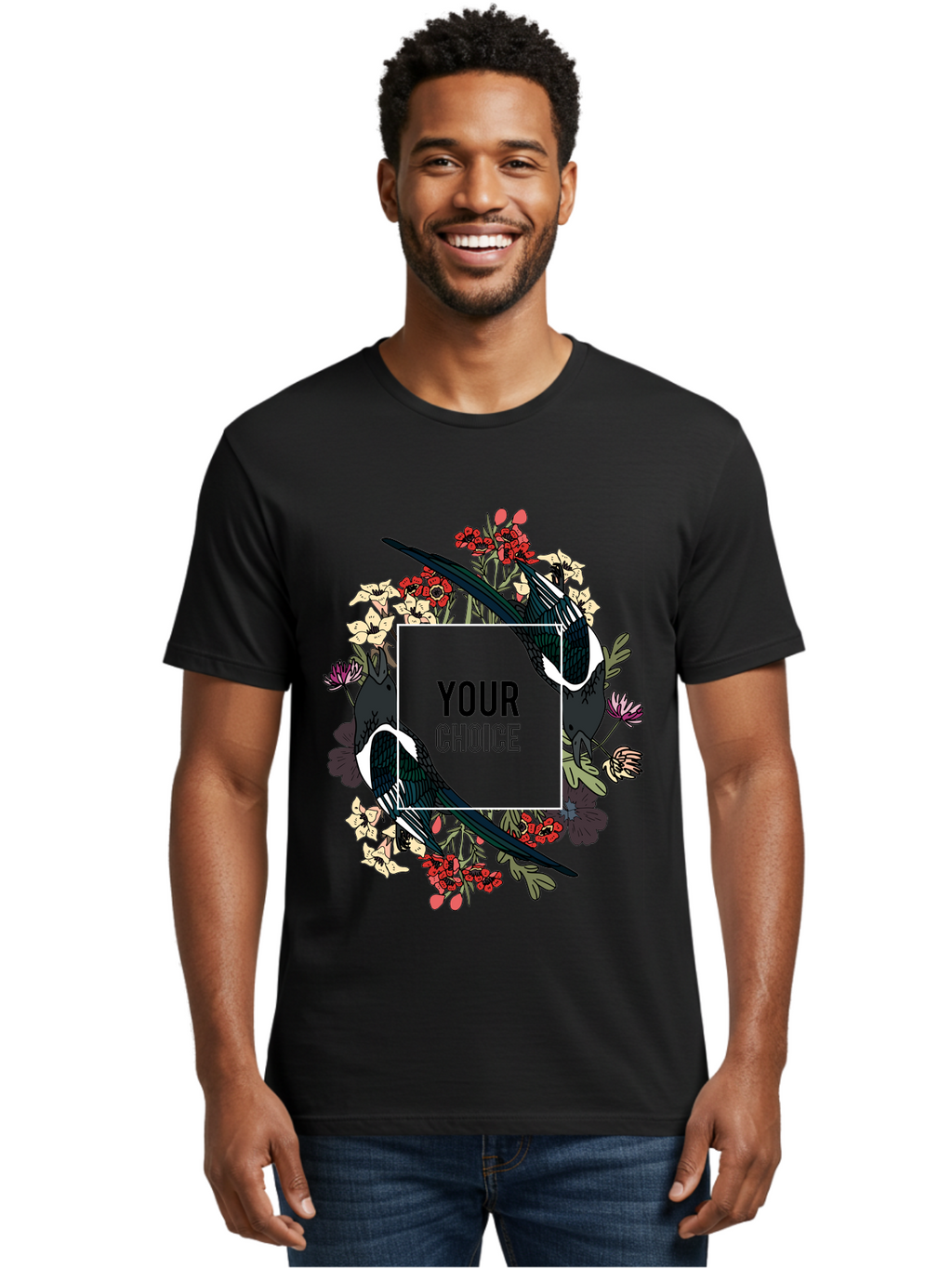 Birds Men'S Graphic Tee, 100% Cotton, Comfortable Casual Summer Wear, Machine Washable, Black And White Magpies, Floral Wreath, Red And White Flowers, Bold Typography, Modern Design, Creative Freedom, Custom Choice, Personalized Options Aae145