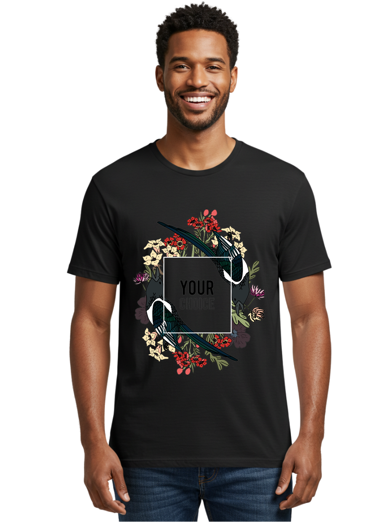 Birds Men'S Graphic Tee, 100% Cotton, Comfortable Casual Summer Wear, Machine Washable, Black And White Magpies, Floral Wreath, Red And White Flowers, Bold Typography, Modern Design, Creative Freedom, Custom Choice, Personalized Options Aae145
