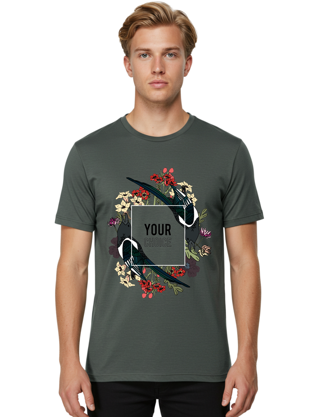 Birds Men'S Graphic Tee, 100% Cotton, Comfortable Casual Summer Wear, Machine Washable, Black And White Magpies, Floral Wreath, Red And White Flowers, Bold Typography, Modern Design, Creative Freedom, Custom Choice, Personalized Options Aae145