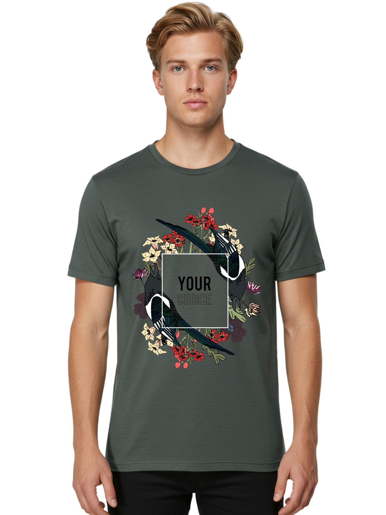 Birds Men'S Graphic Tee, 100% Cotton, Comfortable Casual Summer Wear, Machine Washable, Black And White Magpies, Floral Wreath, Red And White Flowers, Bold Typography, Modern Design, Creative Freedom, Custom Choice, Personalized Options Aae145