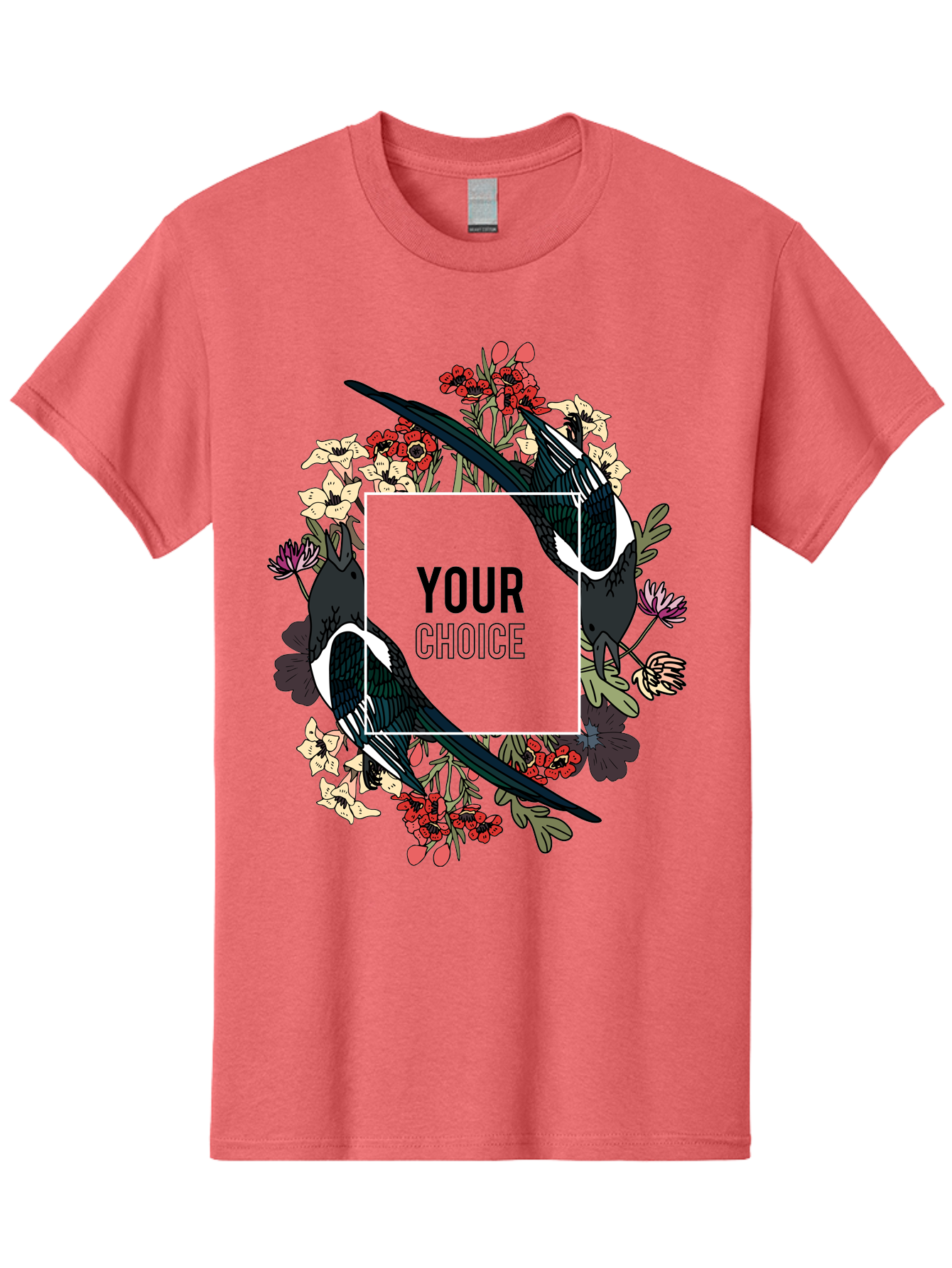 Birds Men'S Graphic Tee, 100% Cotton, Comfortable Casual Summer Wear, Machine Washable, Black And White Magpies, Floral Wreath, Red And White Flowers, Bold Typography, Modern Design, Creative Freedom, Custom Choice, Personalized Options Aae145