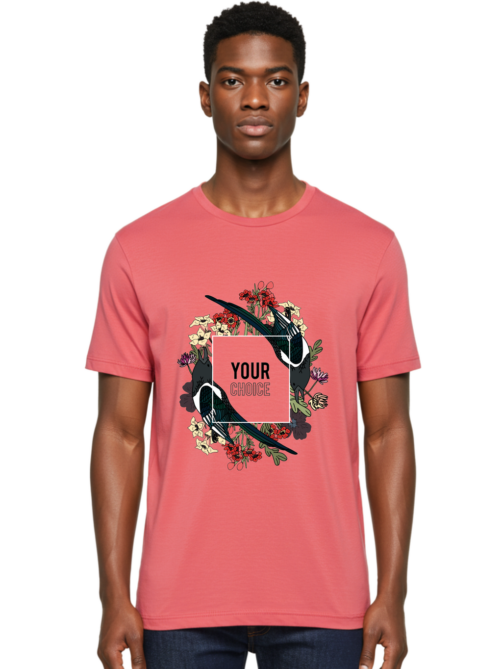 Birds Men'S Graphic Tee, 100% Cotton, Comfortable Casual Summer Wear, Machine Washable, Black And White Magpies, Floral Wreath, Red And White Flowers, Bold Typography, Modern Design, Creative Freedom, Custom Choice, Personalized Options Aae145