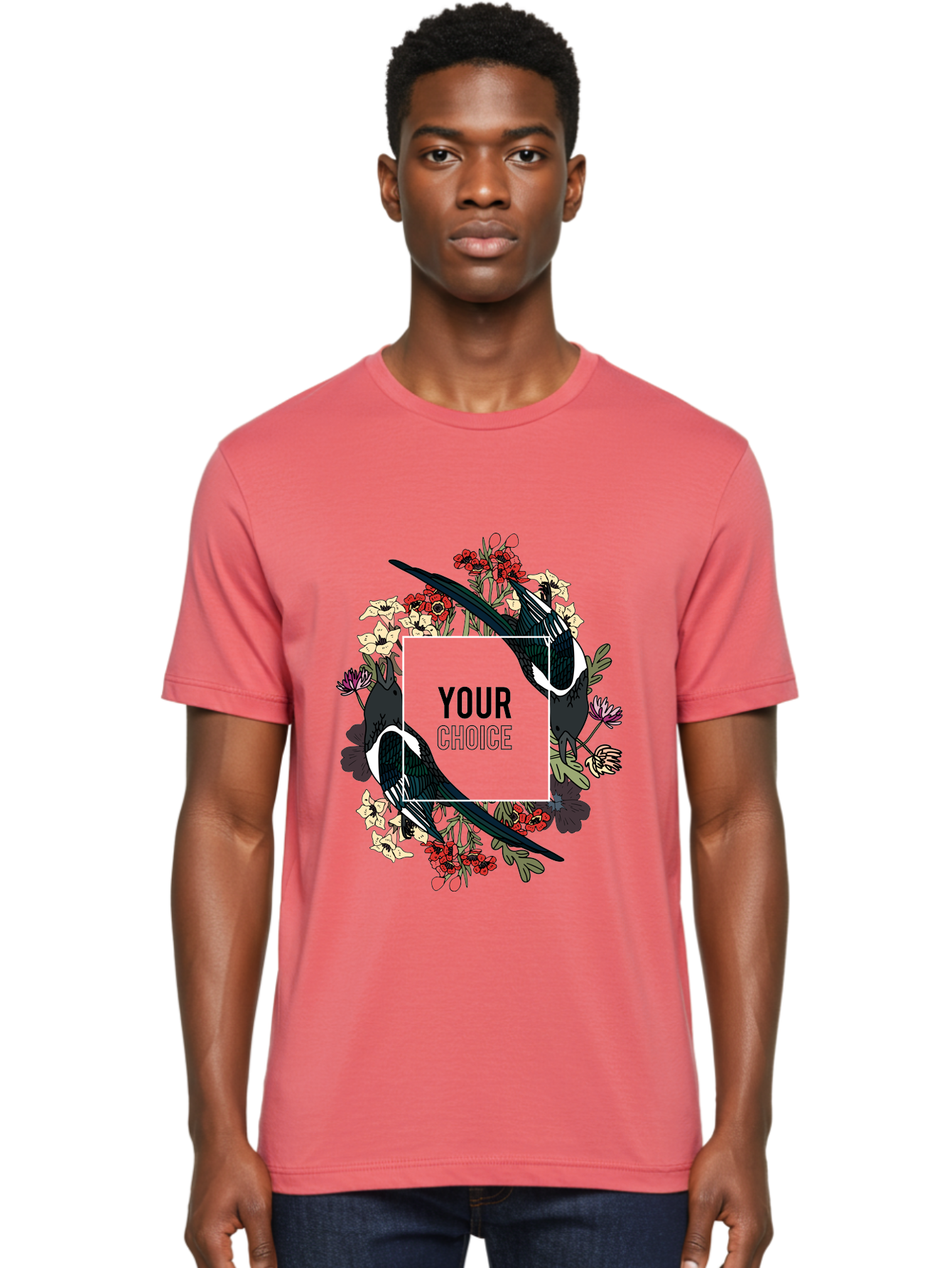 Birds Men'S Graphic Tee, 100% Cotton, Comfortable Casual Summer Wear, Machine Washable, Black And White Magpies, Floral Wreath, Red And White Flowers, Bold Typography, Modern Design, Creative Freedom, Custom Choice, Personalized Options Aae145
