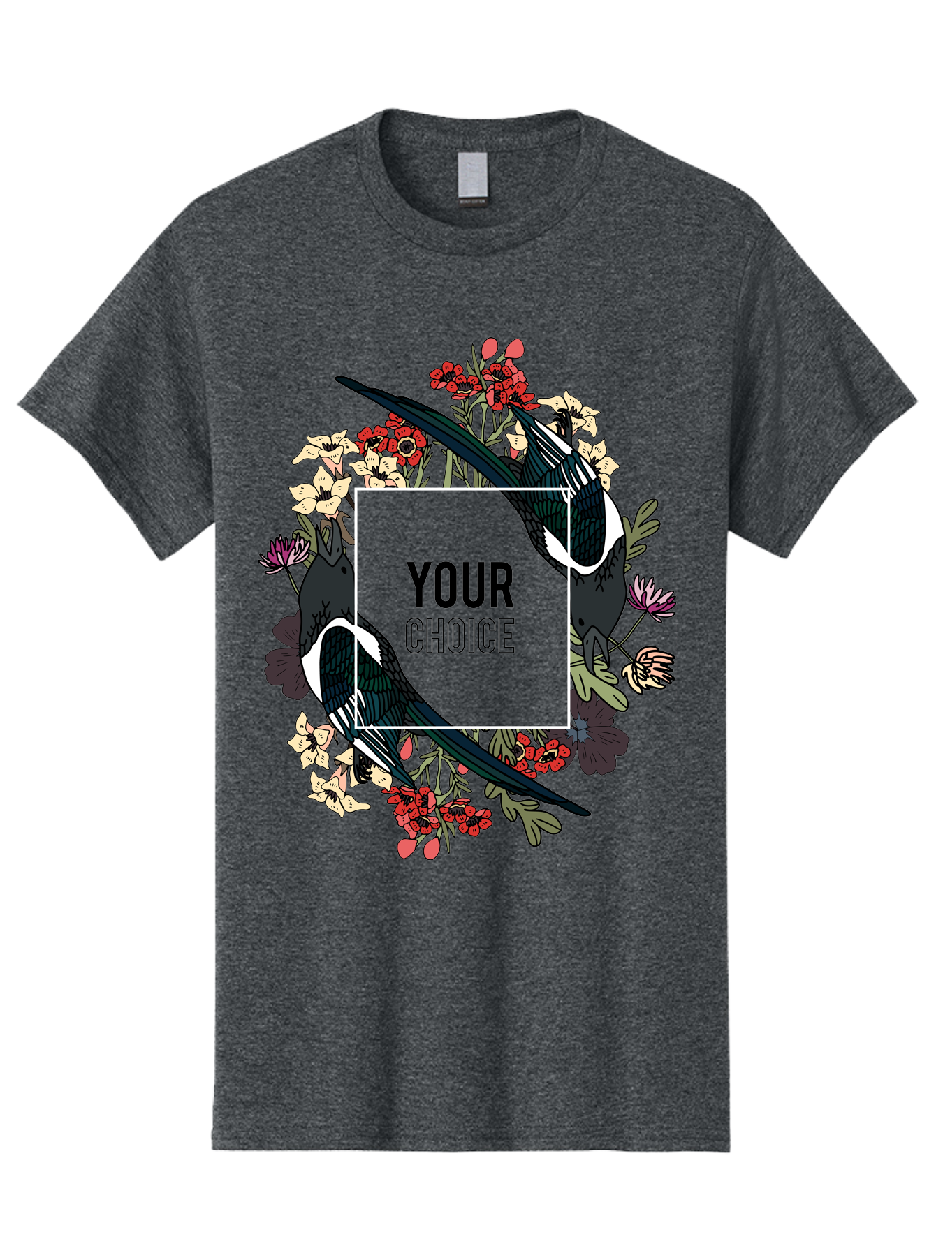 Birds Men'S Graphic Tee, 100% Cotton, Comfortable Casual Summer Wear, Machine Washable, Black And White Magpies, Floral Wreath, Red And White Flowers, Bold Typography, Modern Design, Creative Freedom, Custom Choice, Personalized Options Aae145
