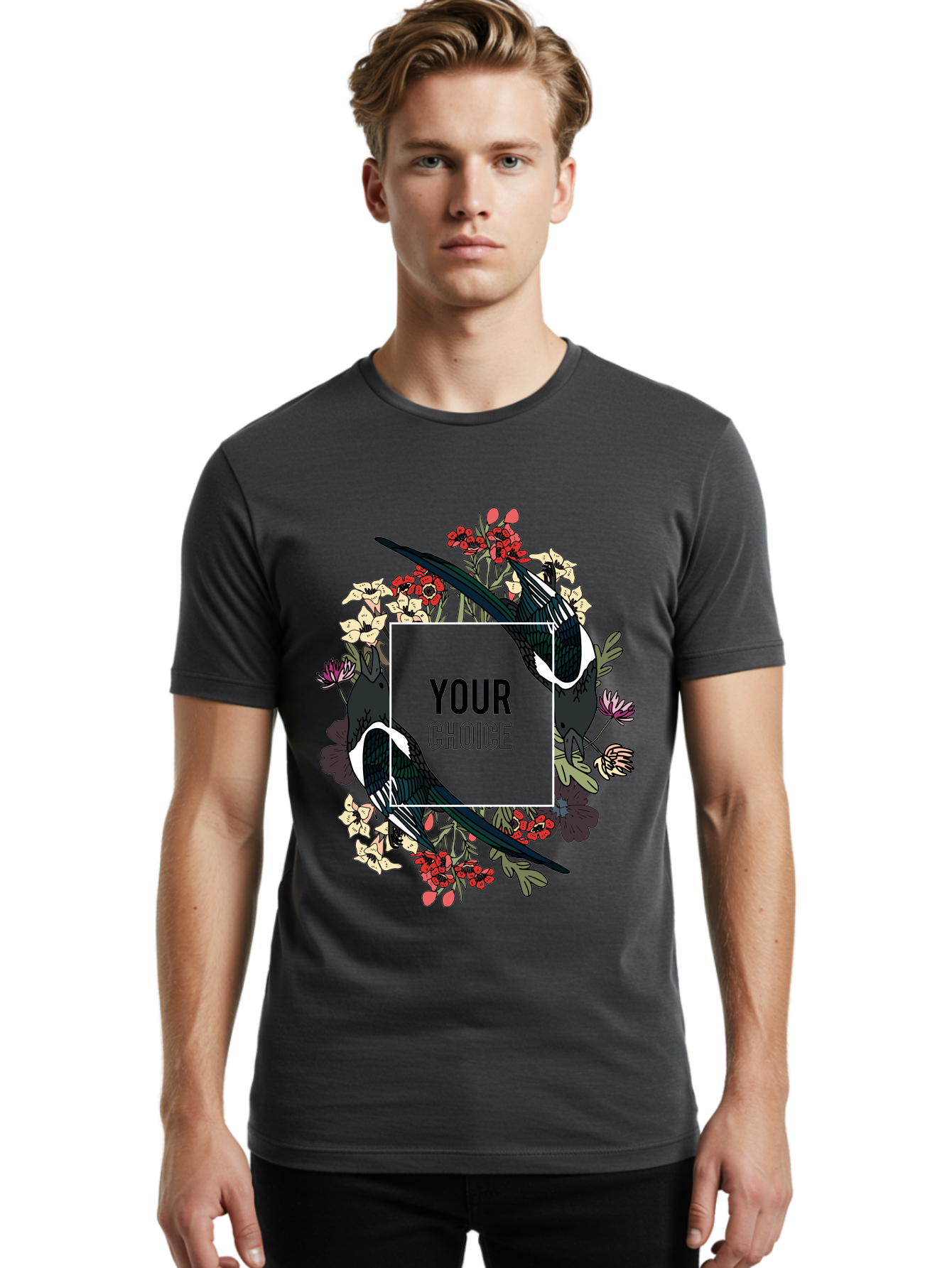 Birds Men'S Graphic Tee, 100% Cotton, Comfortable Casual Summer Wear, Machine Washable, Black And White Magpies, Floral Wreath, Red And White Flowers, Bold Typography, Modern Design, Creative Freedom, Custom Choice, Personalized Options Aae145