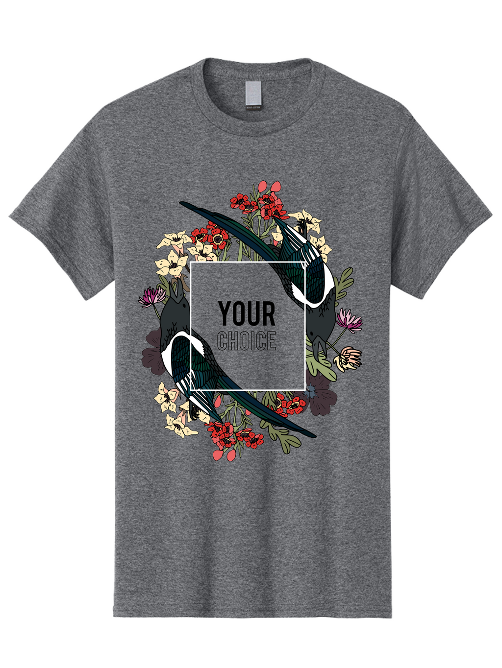 Birds Men'S Graphic Tee, 100% Cotton, Comfortable Casual Summer Wear, Machine Washable, Black And White Magpies, Floral Wreath, Red And White Flowers, Bold Typography, Modern Design, Creative Freedom, Custom Choice, Personalized Options Aae145
