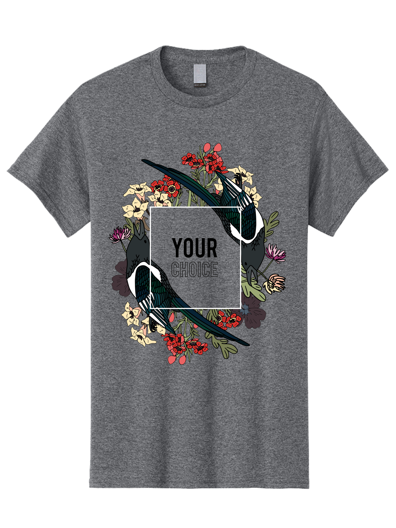 Birds Men'S Graphic Tee, 100% Cotton, Comfortable Casual Summer Wear, Machine Washable, Black And White Magpies, Floral Wreath, Red And White Flowers, Bold Typography, Modern Design, Creative Freedom, Custom Choice, Personalized Options Aae145