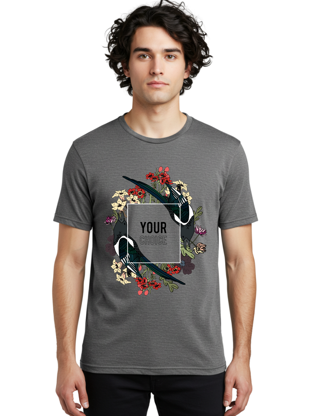 Birds Men'S Graphic Tee, 100% Cotton, Comfortable Casual Summer Wear, Machine Washable, Black And White Magpies, Floral Wreath, Red And White Flowers, Bold Typography, Modern Design, Creative Freedom, Custom Choice, Personalized Options Aae145