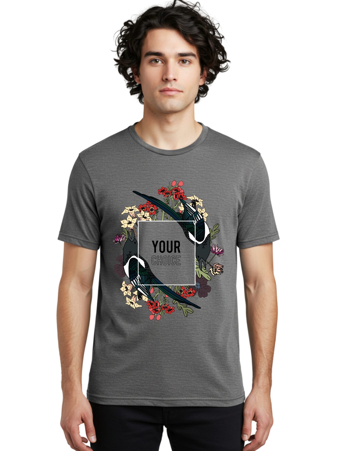Birds Men'S Graphic Tee, 100% Cotton, Comfortable Casual Summer Wear, Machine Washable, Black And White Magpies, Floral Wreath, Red And White Flowers, Bold Typography, Modern Design, Creative Freedom, Custom Choice, Personalized Options Aae145