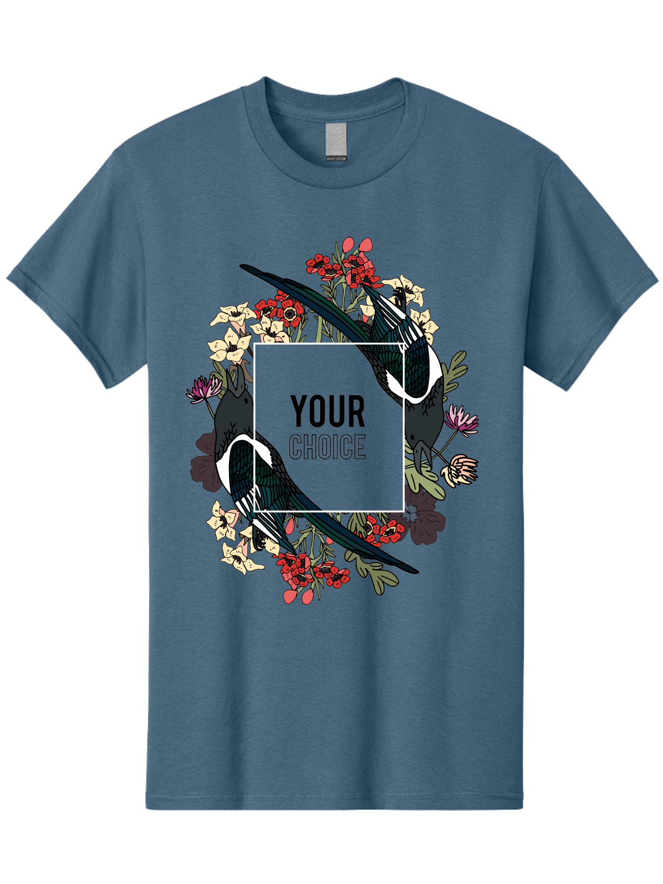 Birds Men'S Graphic Tee, 100% Cotton, Comfortable Casual Summer Wear, Machine Washable, Black And White Magpies, Floral Wreath, Red And White Flowers, Bold Typography, Modern Design, Creative Freedom, Custom Choice, Personalized Options Aae145