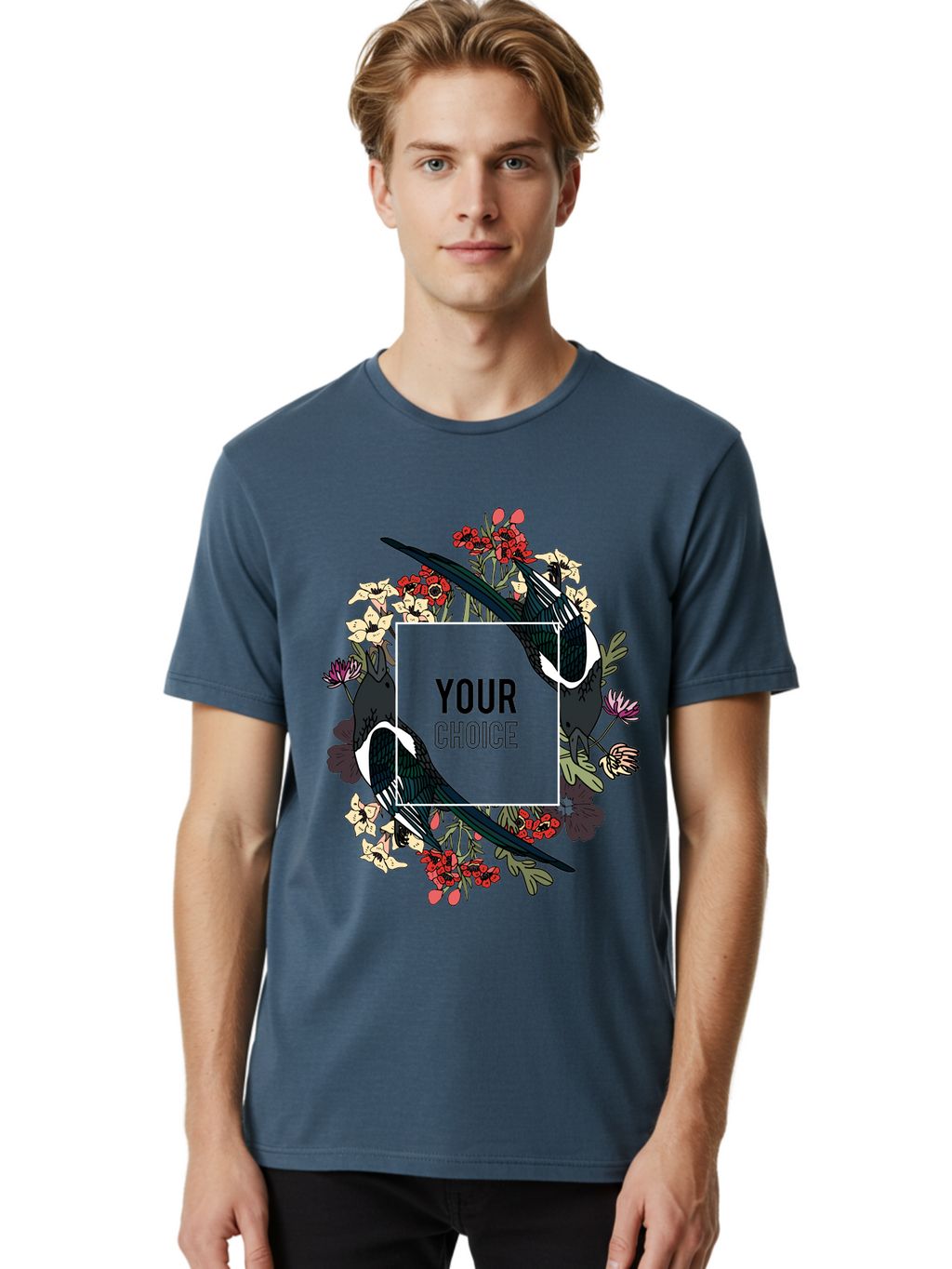 Birds Men'S Graphic Tee, 100% Cotton, Comfortable Casual Summer Wear, Machine Washable, Black And White Magpies, Floral Wreath, Red And White Flowers, Bold Typography, Modern Design, Creative Freedom, Custom Choice, Personalized Options Aae145