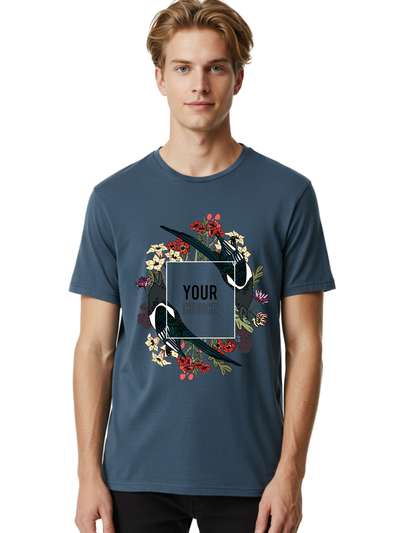 Birds Men'S Graphic Tee, 100% Cotton, Comfortable Casual Summer Wear, Machine Washable, Black And White Magpies, Floral Wreath, Red And White Flowers, Bold Typography, Modern Design, Creative Freedom, Custom Choice, Personalized Options Aae145