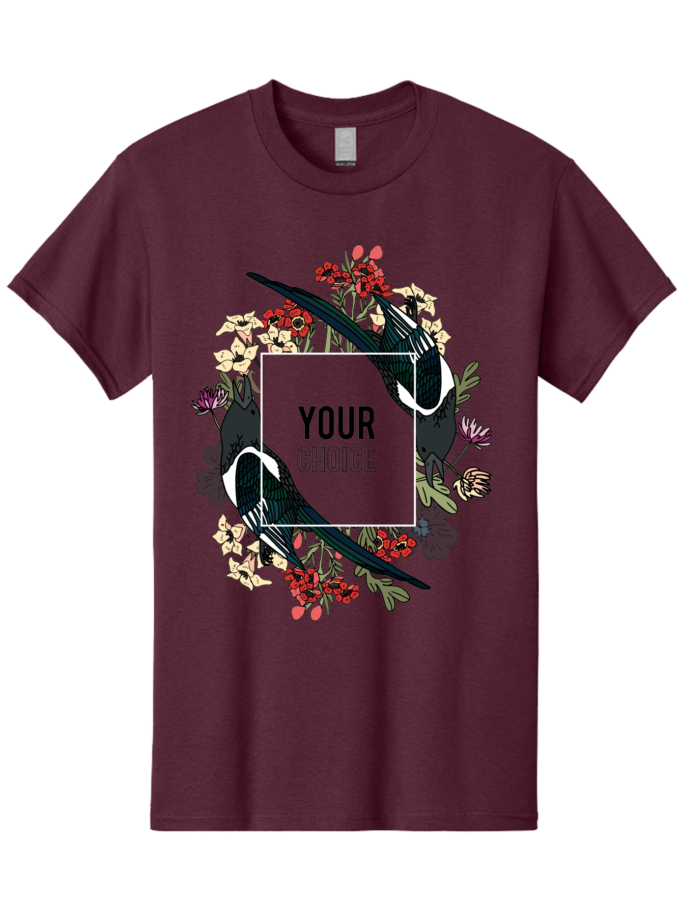 Birds Men'S Graphic Tee, 100% Cotton, Comfortable Casual Summer Wear, Machine Washable, Black And White Magpies, Floral Wreath, Red And White Flowers, Bold Typography, Modern Design, Creative Freedom, Custom Choice, Personalized Options Aae145