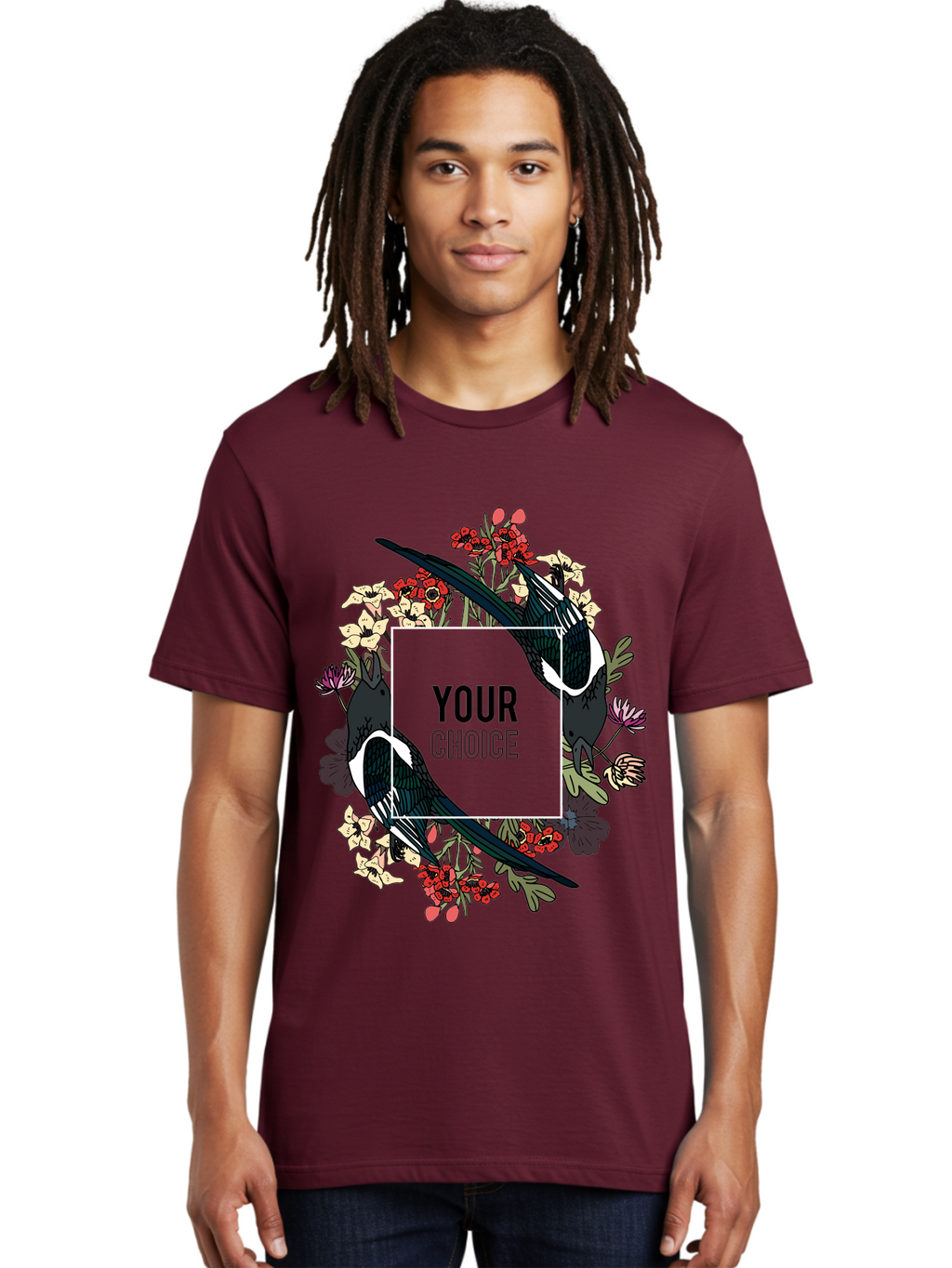 Birds Men'S Graphic Tee, 100% Cotton, Comfortable Casual Summer Wear, Machine Washable, Black And White Magpies, Floral Wreath, Red And White Flowers, Bold Typography, Modern Design, Creative Freedom, Custom Choice, Personalized Options Aae145