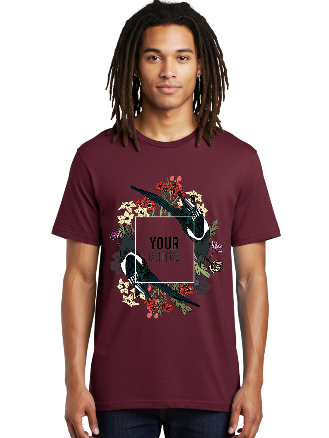 Birds Men'S Graphic Tee, 100% Cotton, Comfortable Casual Summer Wear, Machine Washable, Black And White Magpies, Floral Wreath, Red And White Flowers, Bold Typography, Modern Design, Creative Freedom, Custom Choice, Personalized Options Aae145