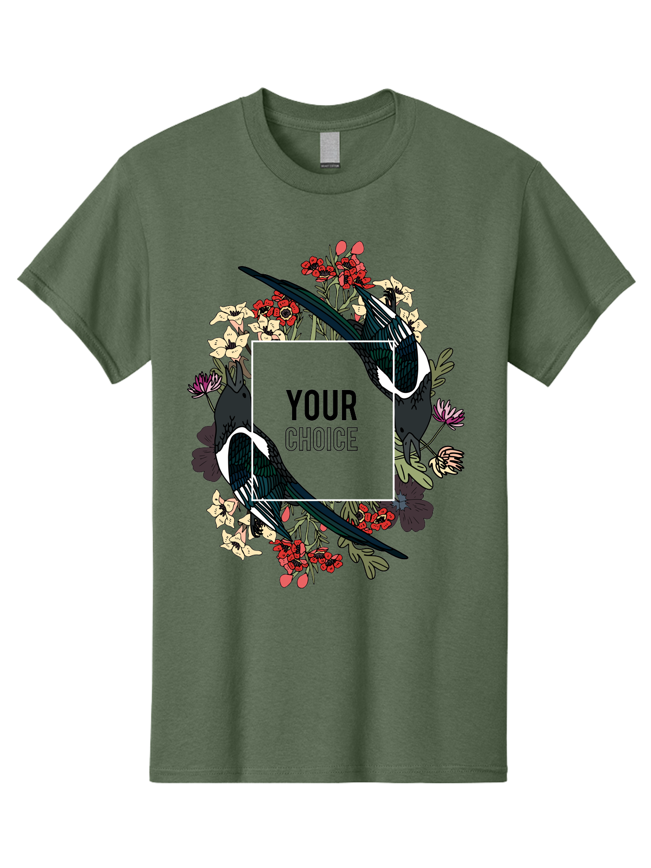Birds Men'S Graphic Tee, 100% Cotton, Comfortable Casual Summer Wear, Machine Washable, Black And White Magpies, Floral Wreath, Red And White Flowers, Bold Typography, Modern Design, Creative Freedom, Custom Choice, Personalized Options Aae145