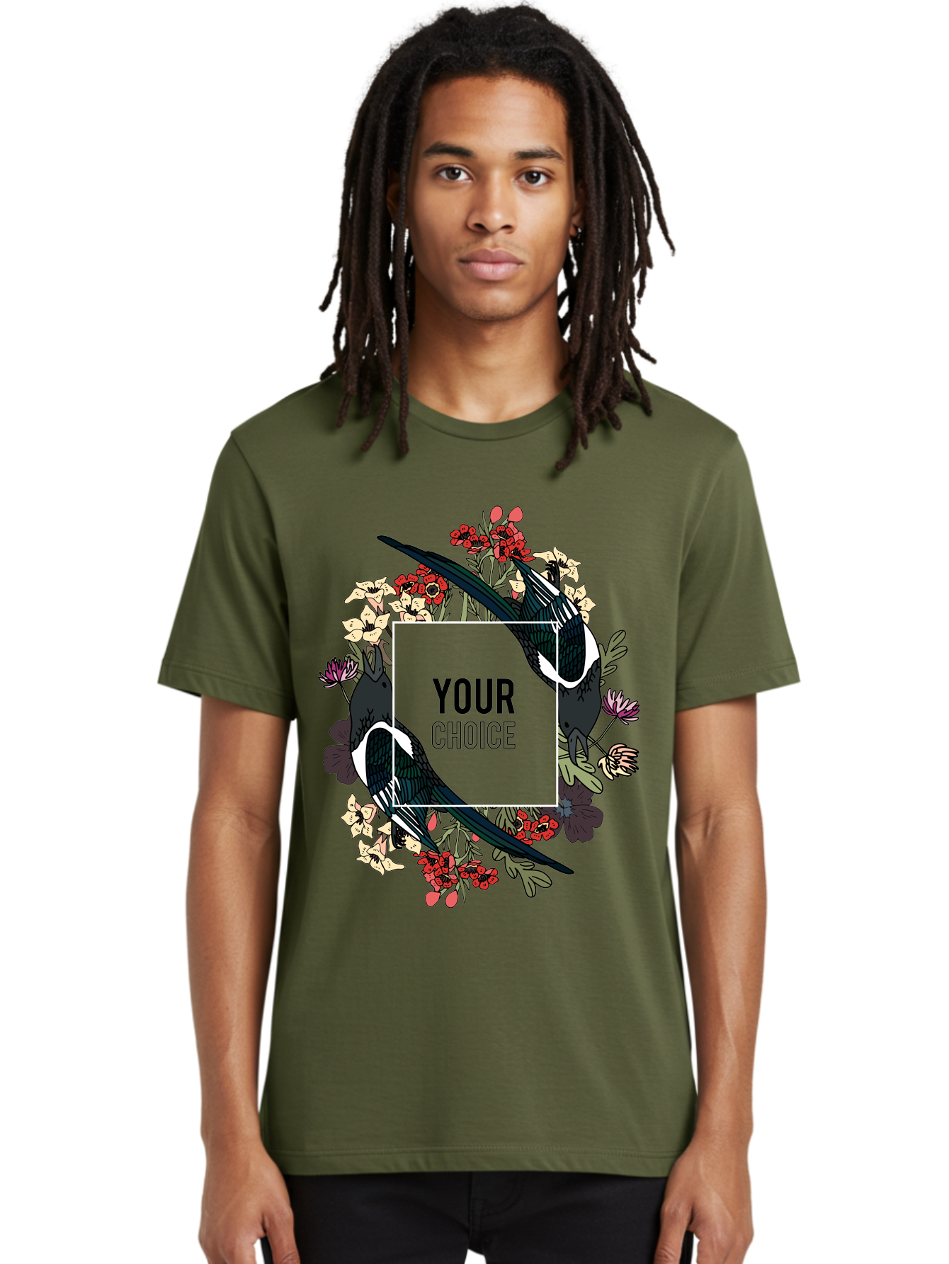 Birds Men'S Graphic Tee, 100% Cotton, Comfortable Casual Summer Wear, Machine Washable, Black And White Magpies, Floral Wreath, Red And White Flowers, Bold Typography, Modern Design, Creative Freedom, Custom Choice, Personalized Options Aae145