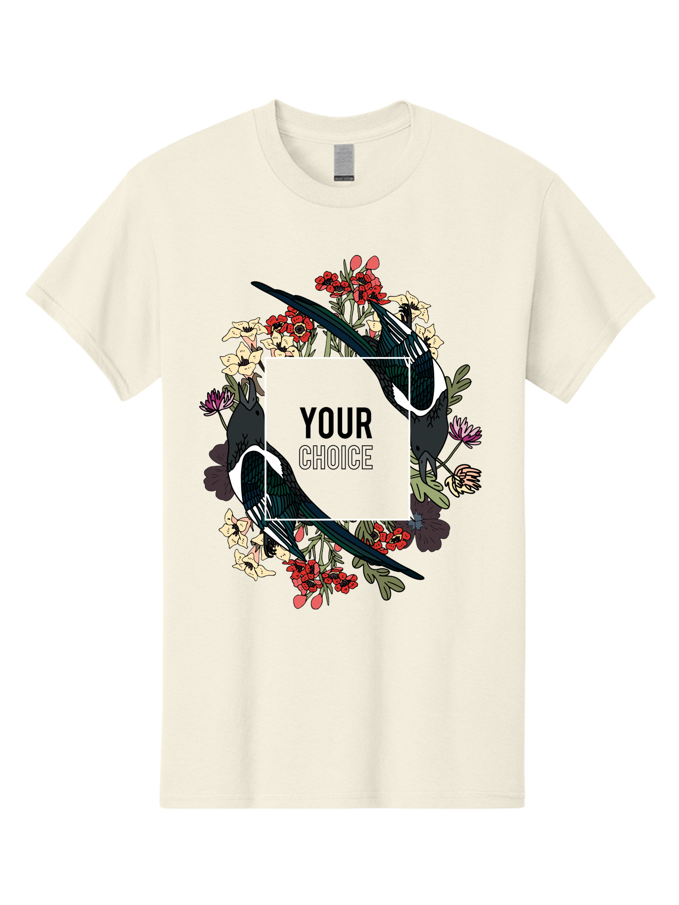 Birds Men'S Graphic Tee, 100% Cotton, Comfortable Casual Summer Wear, Machine Washable, Black And White Magpies, Floral Wreath, Red And White Flowers, Bold Typography, Modern Design, Creative Freedom, Custom Choice, Personalized Options Aae145