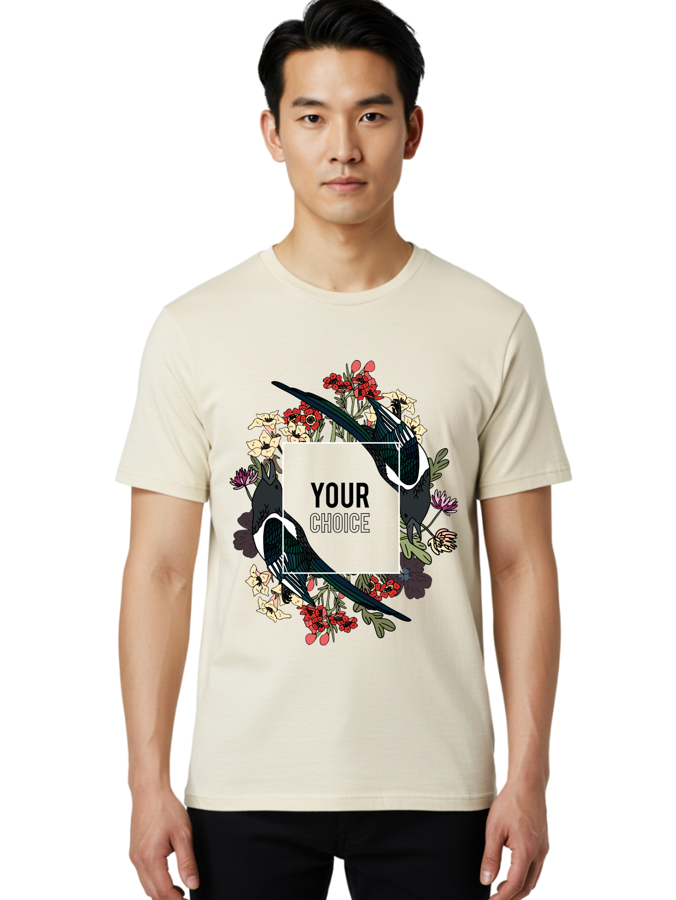 Birds Men'S Graphic Tee, 100% Cotton, Comfortable Casual Summer Wear, Machine Washable, Black And White Magpies, Floral Wreath, Red And White Flowers, Bold Typography, Modern Design, Creative Freedom, Custom Choice, Personalized Options Aae145