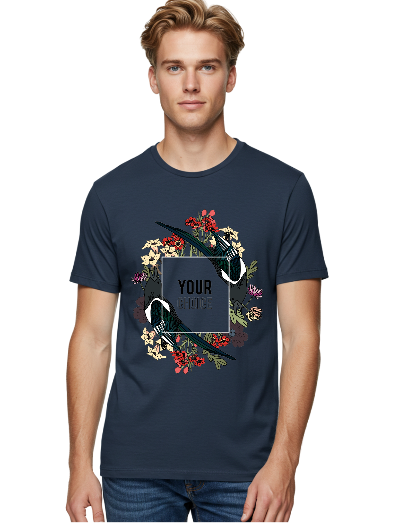 Birds Men'S Graphic Tee, 100% Cotton, Comfortable Casual Summer Wear, Machine Washable, Black And White Magpies, Floral Wreath, Red And White Flowers, Bold Typography, Modern Design, Creative Freedom, Custom Choice, Personalized Options Aae145