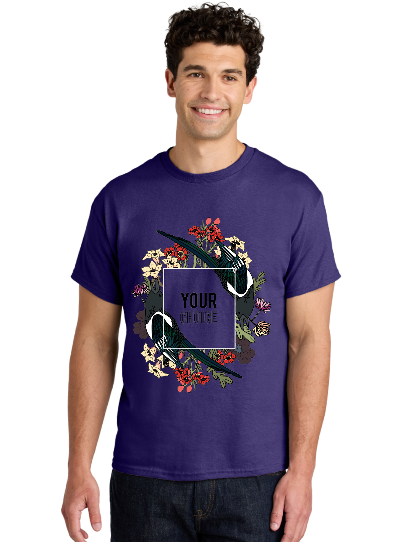 Birds Men'S Graphic Tee, 100% Cotton, Comfortable Casual Summer Wear, Machine Washable, Black And White Magpies, Floral Wreath, Red And White Flowers, Bold Typography, Modern Design, Creative Freedom, Custom Choice, Personalized Options Aae145