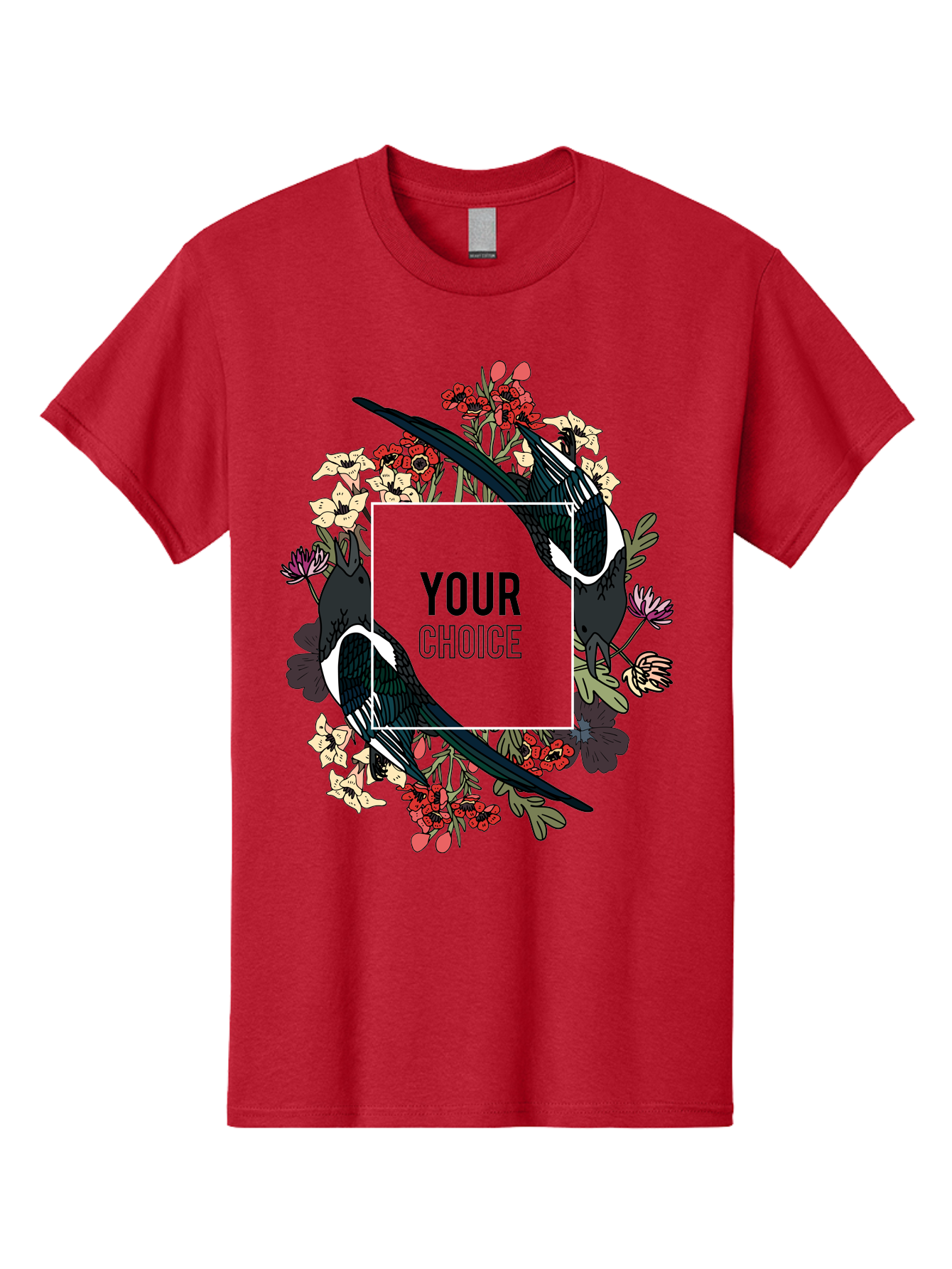 Birds Men'S Graphic Tee, 100% Cotton, Comfortable Casual Summer Wear, Machine Washable, Black And White Magpies, Floral Wreath, Red And White Flowers, Bold Typography, Modern Design, Creative Freedom, Custom Choice, Personalized Options Aae145
