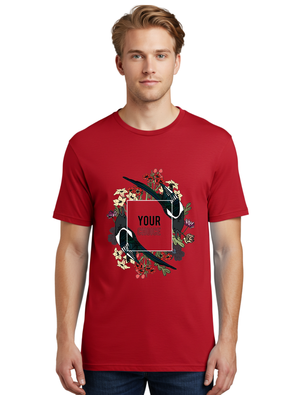 Birds Men'S Graphic Tee, 100% Cotton, Comfortable Casual Summer Wear, Machine Washable, Black And White Magpies, Floral Wreath, Red And White Flowers, Bold Typography, Modern Design, Creative Freedom, Custom Choice, Personalized Options Aae145