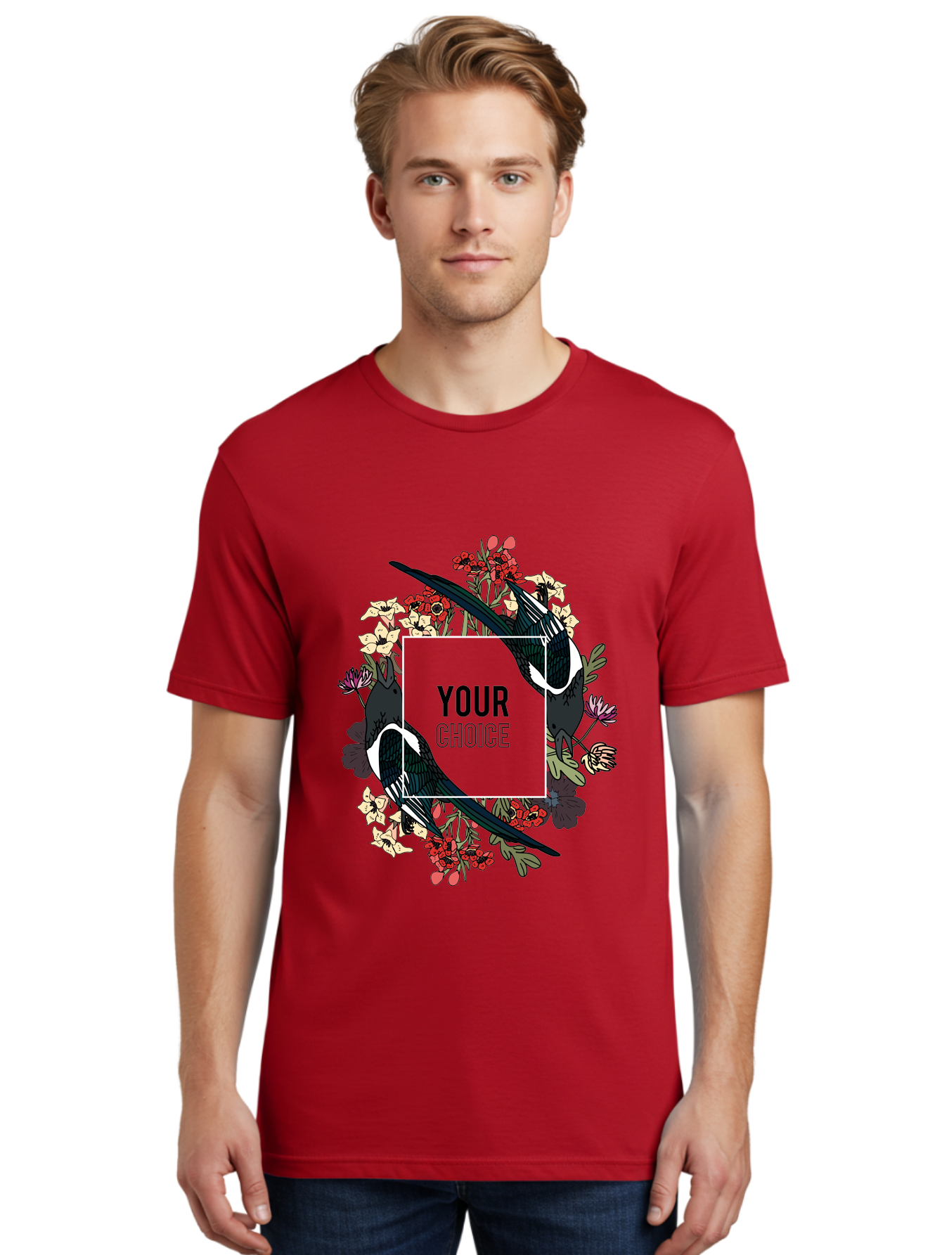 Birds Men'S Graphic Tee, 100% Cotton, Comfortable Casual Summer Wear, Machine Washable, Black And White Magpies, Floral Wreath, Red And White Flowers, Bold Typography, Modern Design, Creative Freedom, Custom Choice, Personalized Options Aae145