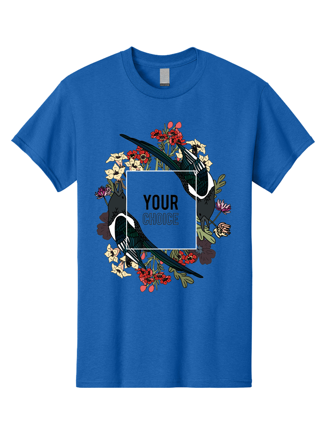 Birds Men'S Graphic Tee, 100% Cotton, Comfortable Casual Summer Wear, Machine Washable, Black And White Magpies, Floral Wreath, Red And White Flowers, Bold Typography, Modern Design, Creative Freedom, Custom Choice, Personalized Options Aae145