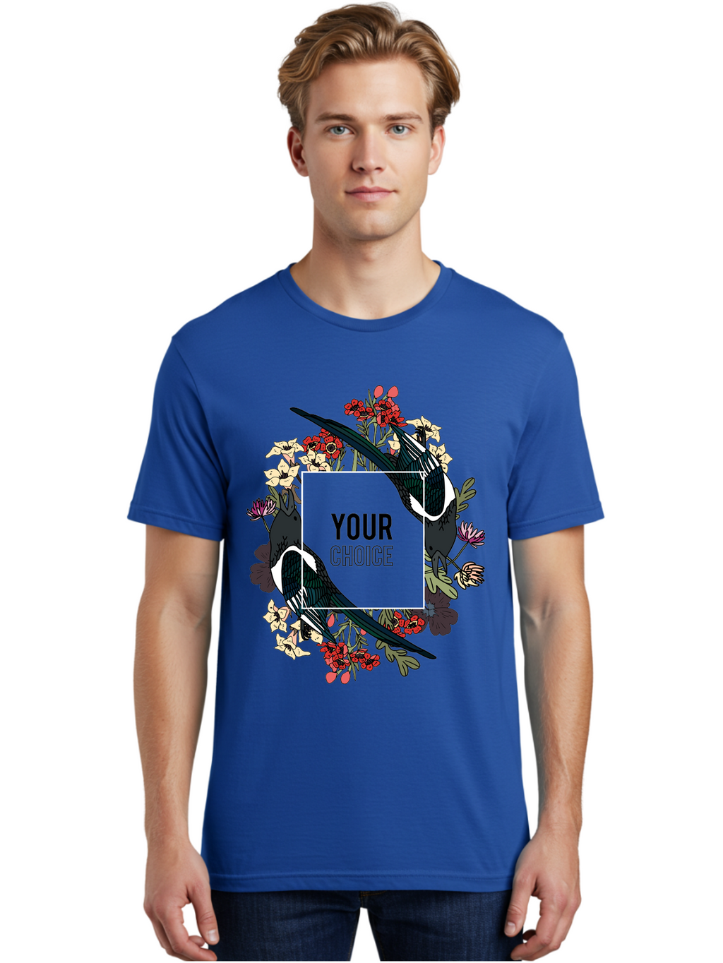 Birds Men'S Graphic Tee, 100% Cotton, Comfortable Casual Summer Wear, Machine Washable, Black And White Magpies, Floral Wreath, Red And White Flowers, Bold Typography, Modern Design, Creative Freedom, Custom Choice, Personalized Options Aae145