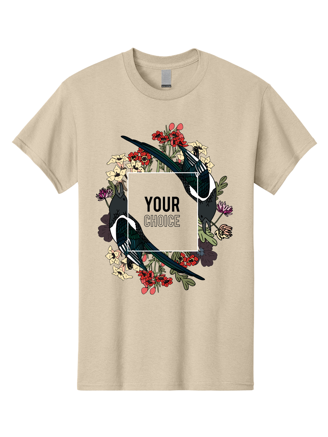 Birds Men'S Graphic Tee, 100% Cotton, Comfortable Casual Summer Wear, Machine Washable, Black And White Magpies, Floral Wreath, Red And White Flowers, Bold Typography, Modern Design, Creative Freedom, Custom Choice, Personalized Options Aae145