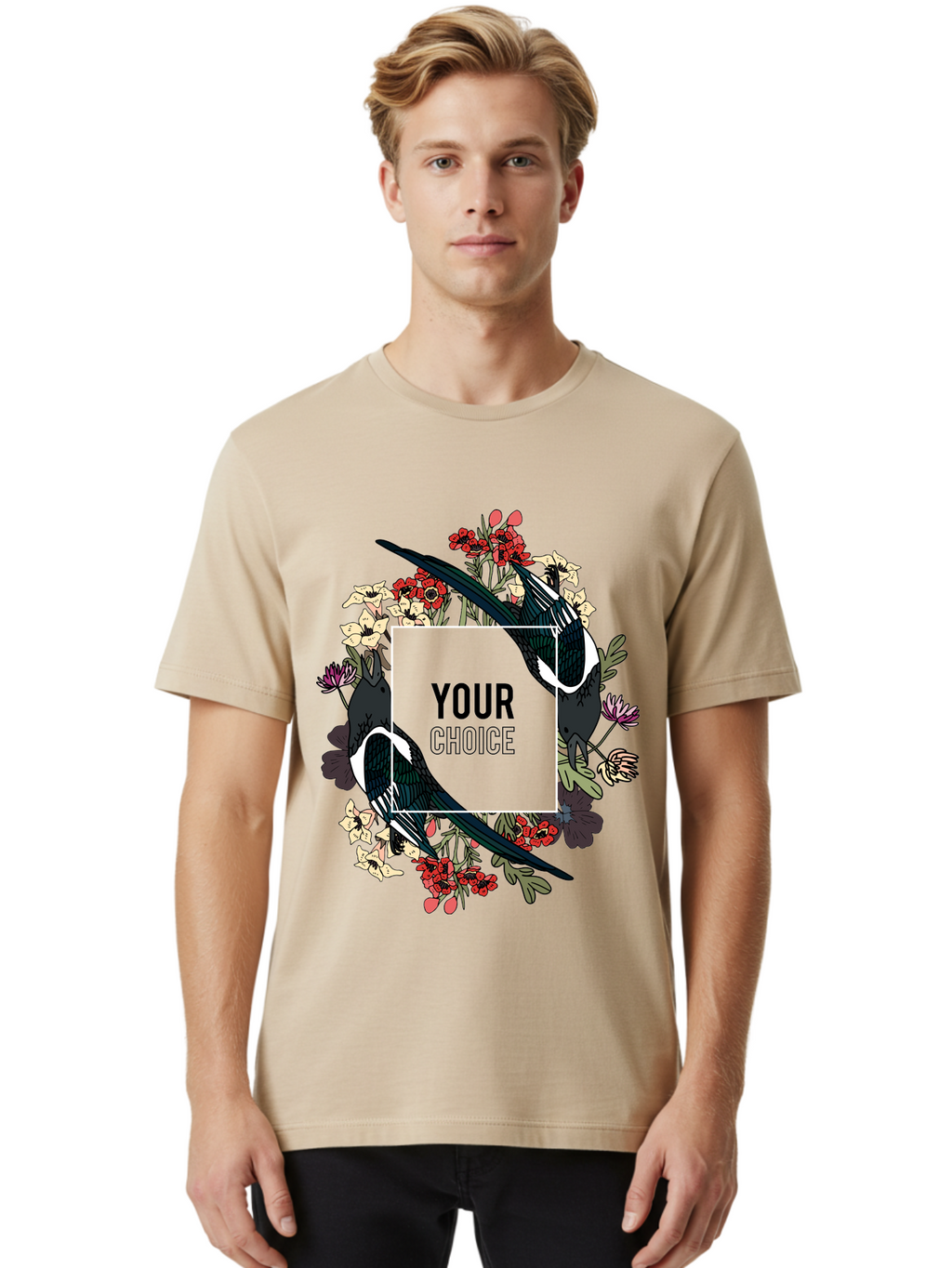 Birds Men'S Graphic Tee, 100% Cotton, Comfortable Casual Summer Wear, Machine Washable, Black And White Magpies, Floral Wreath, Red And White Flowers, Bold Typography, Modern Design, Creative Freedom, Custom Choice, Personalized Options Aae145