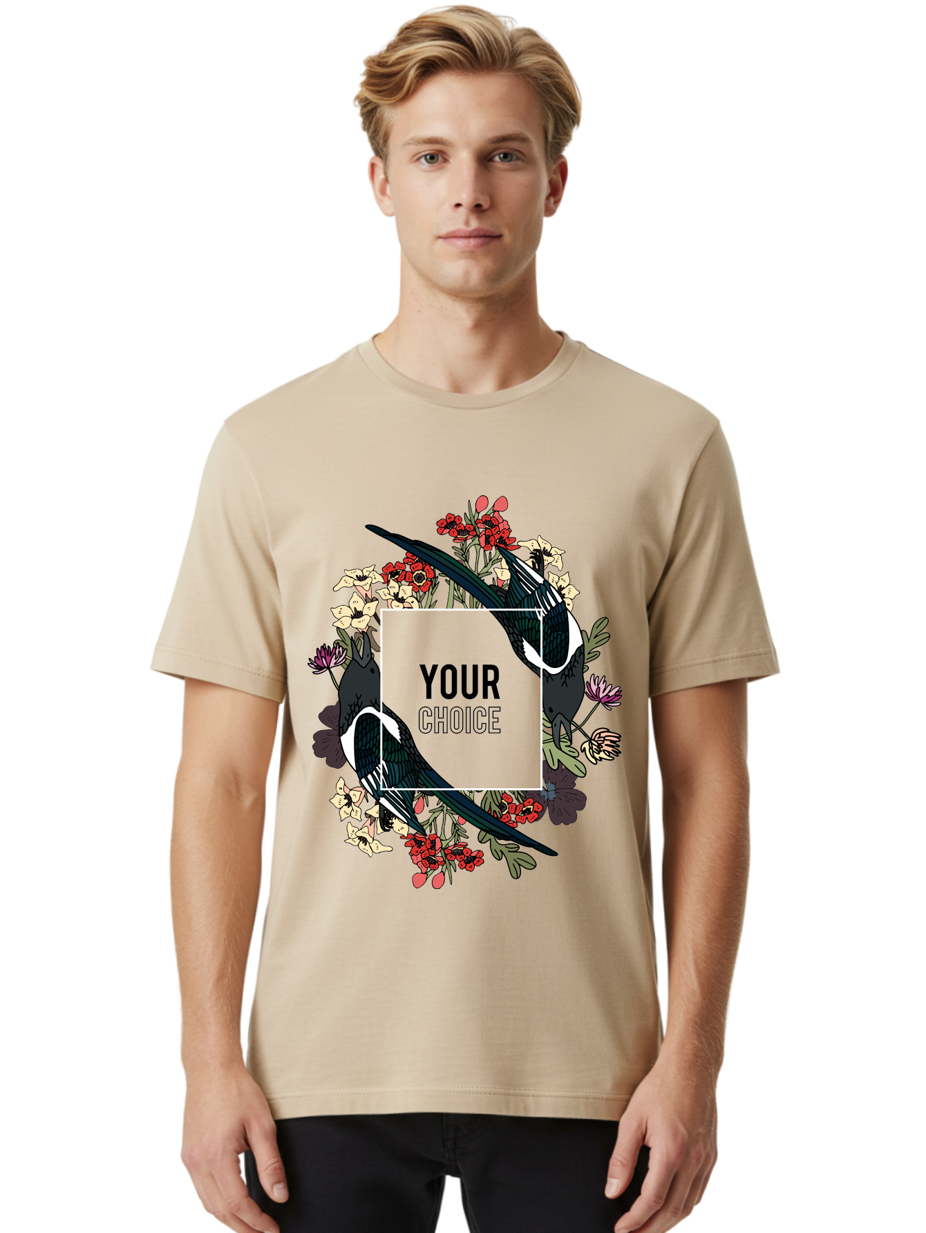Birds Men'S Graphic Tee, 100% Cotton, Comfortable Casual Summer Wear, Machine Washable, Black And White Magpies, Floral Wreath, Red And White Flowers, Bold Typography, Modern Design, Creative Freedom, Custom Choice, Personalized Options Aae145