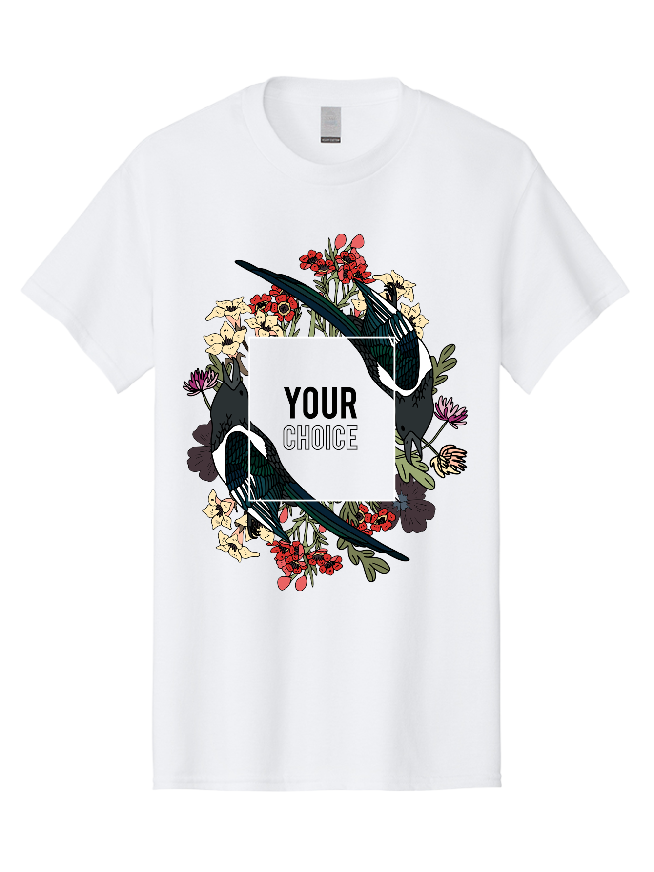 Birds Men'S Graphic Tee, 100% Cotton, Comfortable Casual Summer Wear, Machine Washable, Black And White Magpies, Floral Wreath, Red And White Flowers, Bold Typography, Modern Design, Creative Freedom, Custom Choice, Personalized Options Aae145