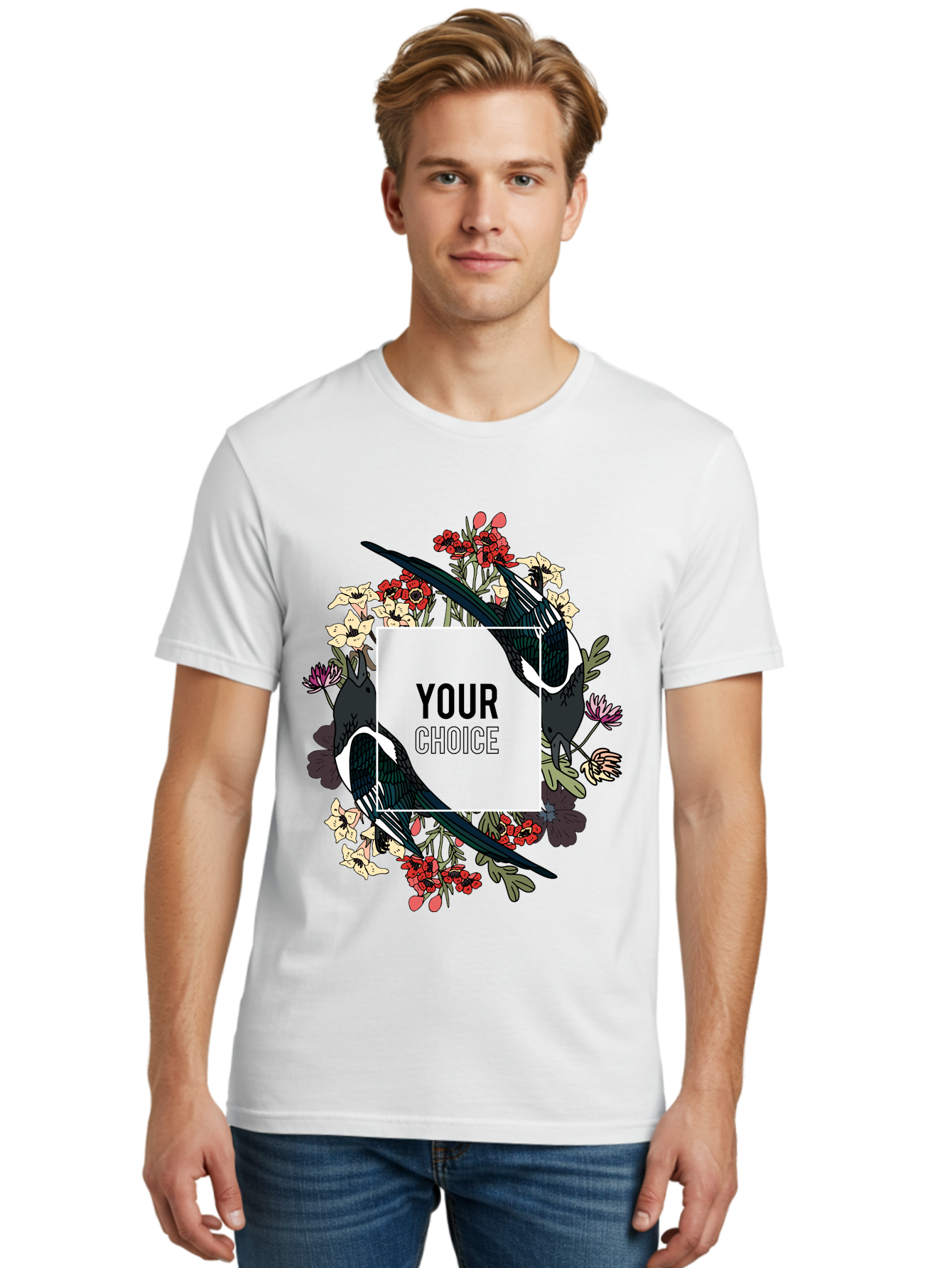 Birds Men'S Graphic Tee, 100% Cotton, Comfortable Casual Summer Wear, Machine Washable, Black And White Magpies, Floral Wreath, Red And White Flowers, Bold Typography, Modern Design, Creative Freedom, Custom Choice, Personalized Options Aae145