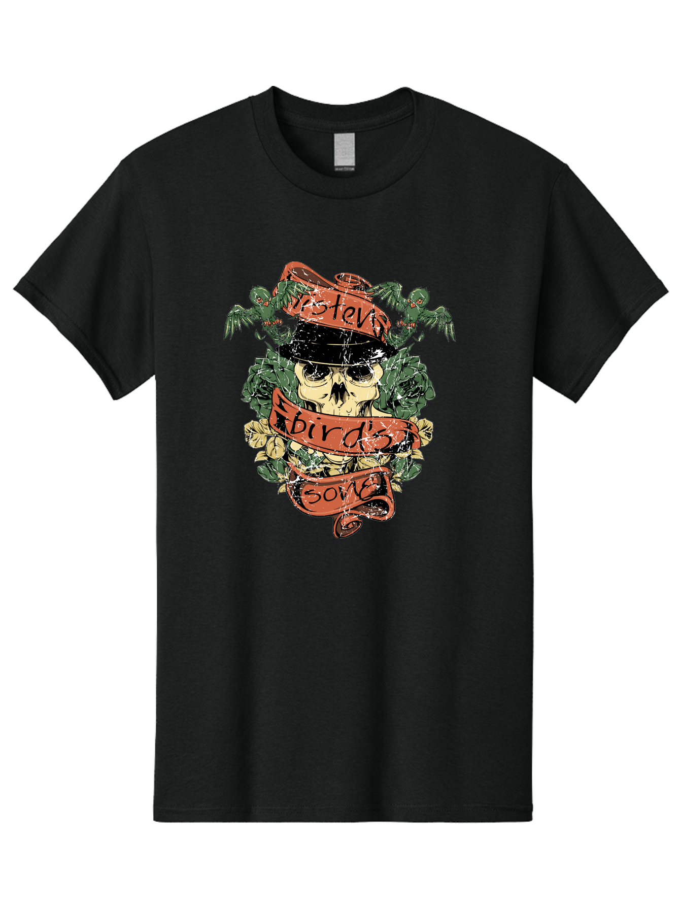 Birds & Bones Men'S Graphic Tee, 100% Cotton, Comfortable Casual Summer Wear, Machine Washable, Skull Wearing Black Hat, Floral Wreath, Red Ribbons, Steve Bird'S Song, Vintage Illustration, Tattoo Art, Grunge Style, Floral Design, Skull Art Aae146