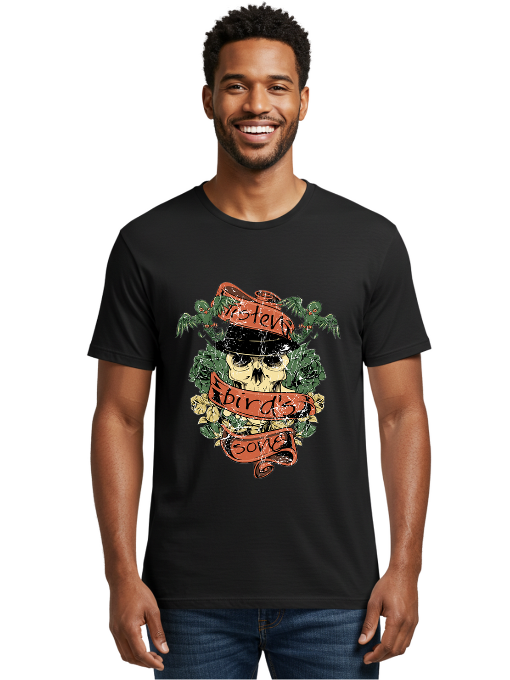 Birds & Bones Men'S Graphic Tee, 100% Cotton, Comfortable Casual Summer Wear, Machine Washable, Skull Wearing Black Hat, Floral Wreath, Red Ribbons, Steve Bird'S Song, Vintage Illustration, Tattoo Art, Grunge Style, Floral Design, Skull Art Aae146