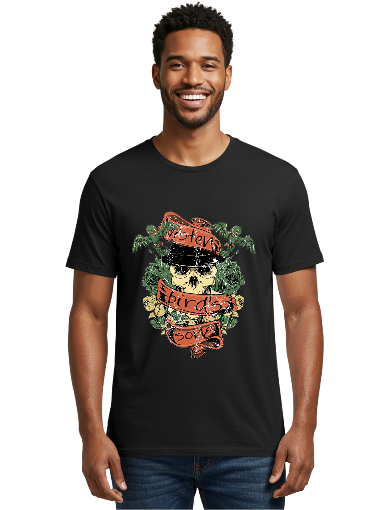 Birds & Bones Men'S Graphic Tee, 100% Cotton, Comfortable Casual Summer Wear, Machine Washable, Skull Wearing Black Hat, Floral Wreath, Red Ribbons, Steve Bird'S Song, Vintage Illustration, Tattoo Art, Grunge Style, Floral Design, Skull Art Aae146